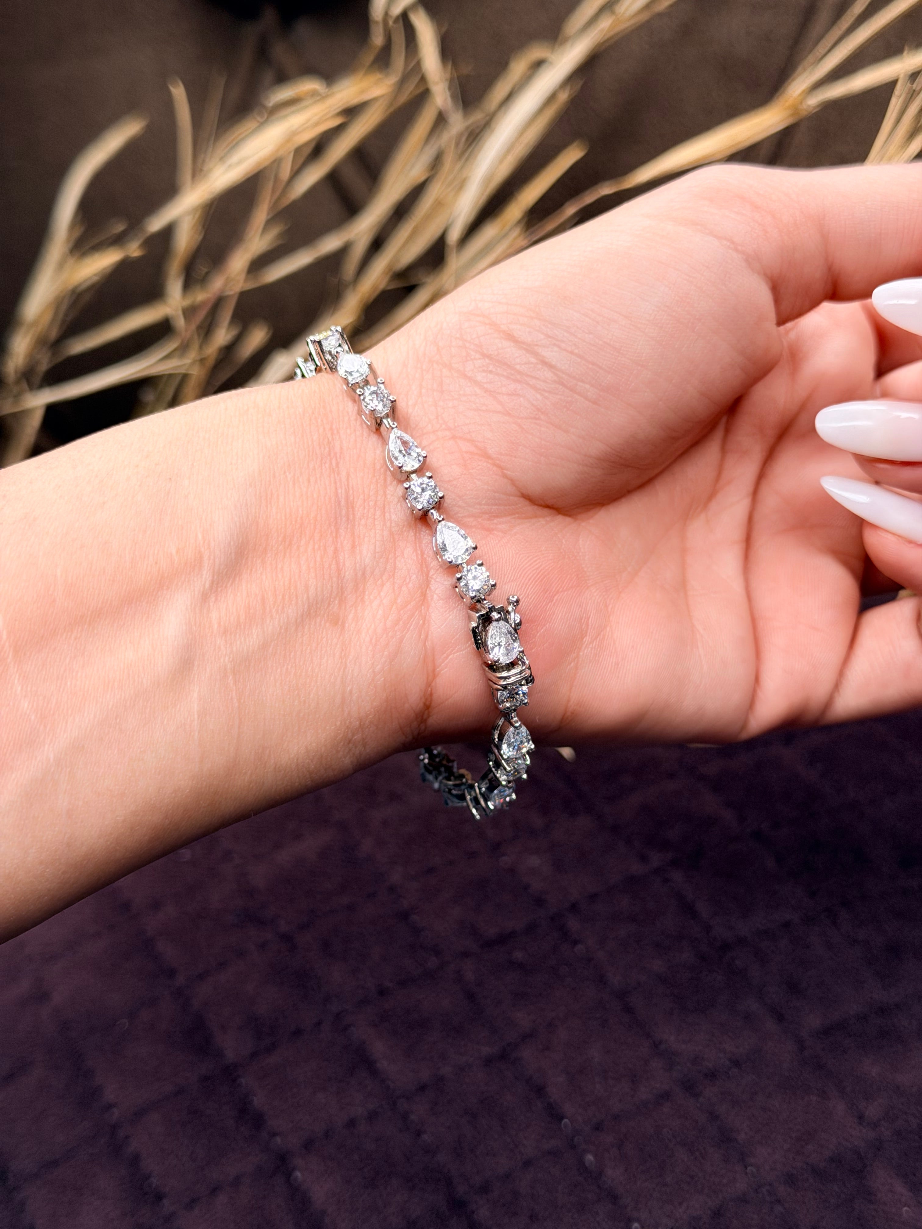 Silver Pear-Cut & Round Diamond Tennis Bracelet