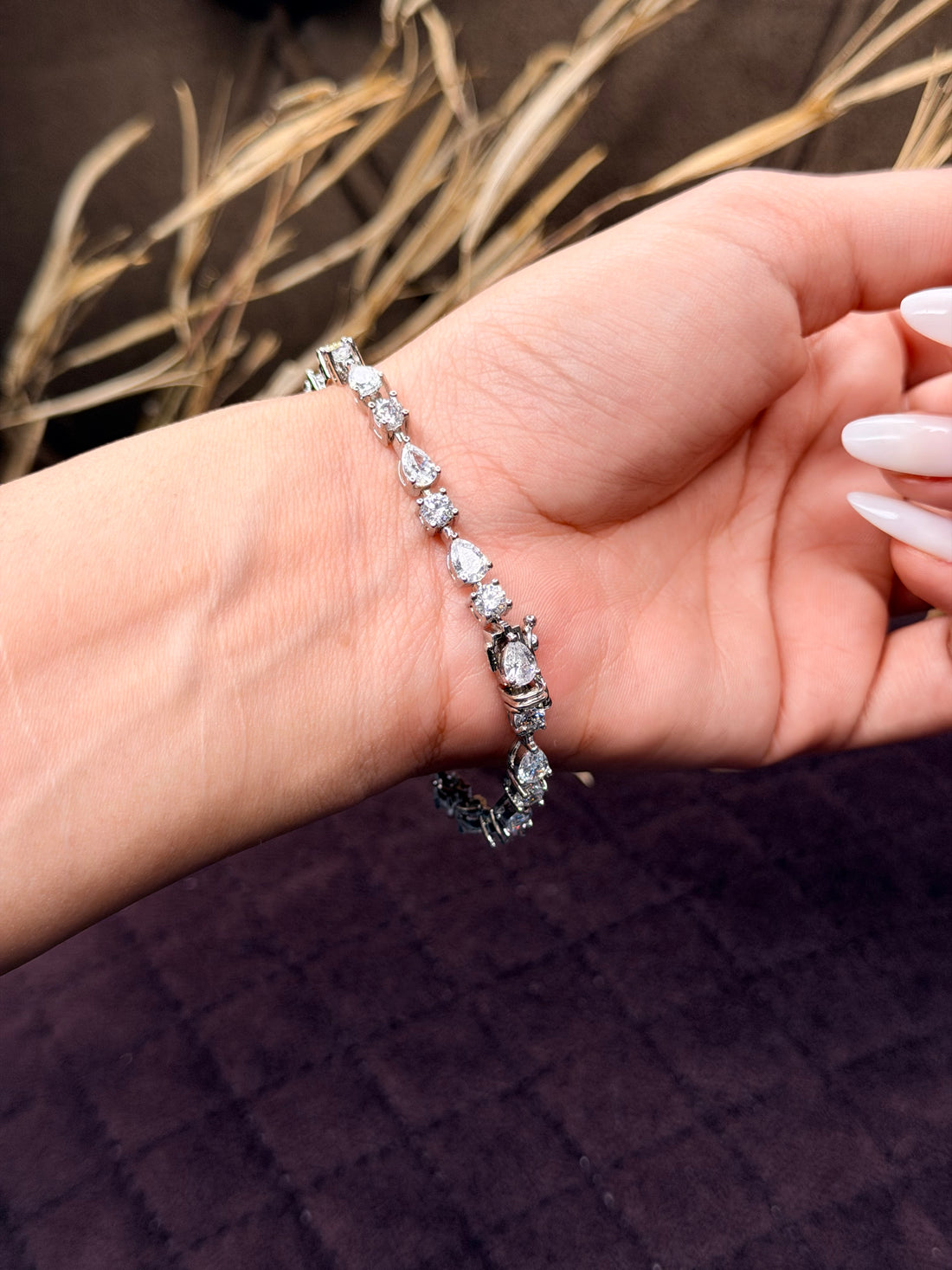 Silver Pear-Cut & Round Diamond Tennis Bracelet