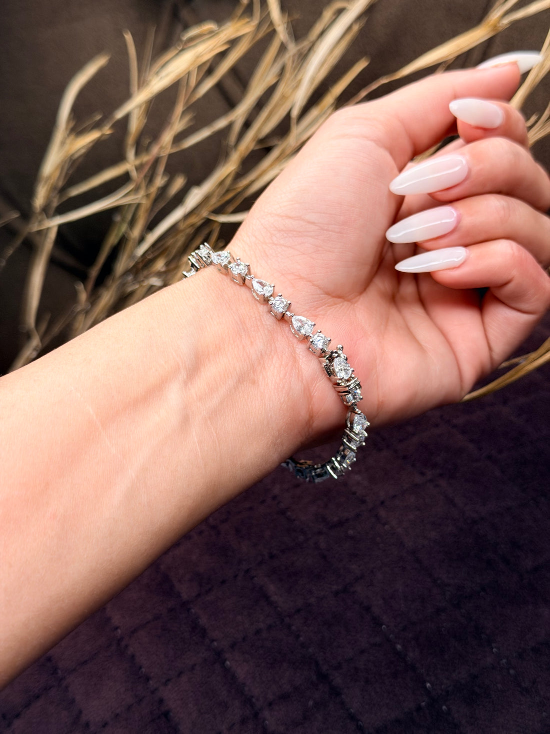 Silver Pear-Cut & Round Diamond Tennis Bracelet