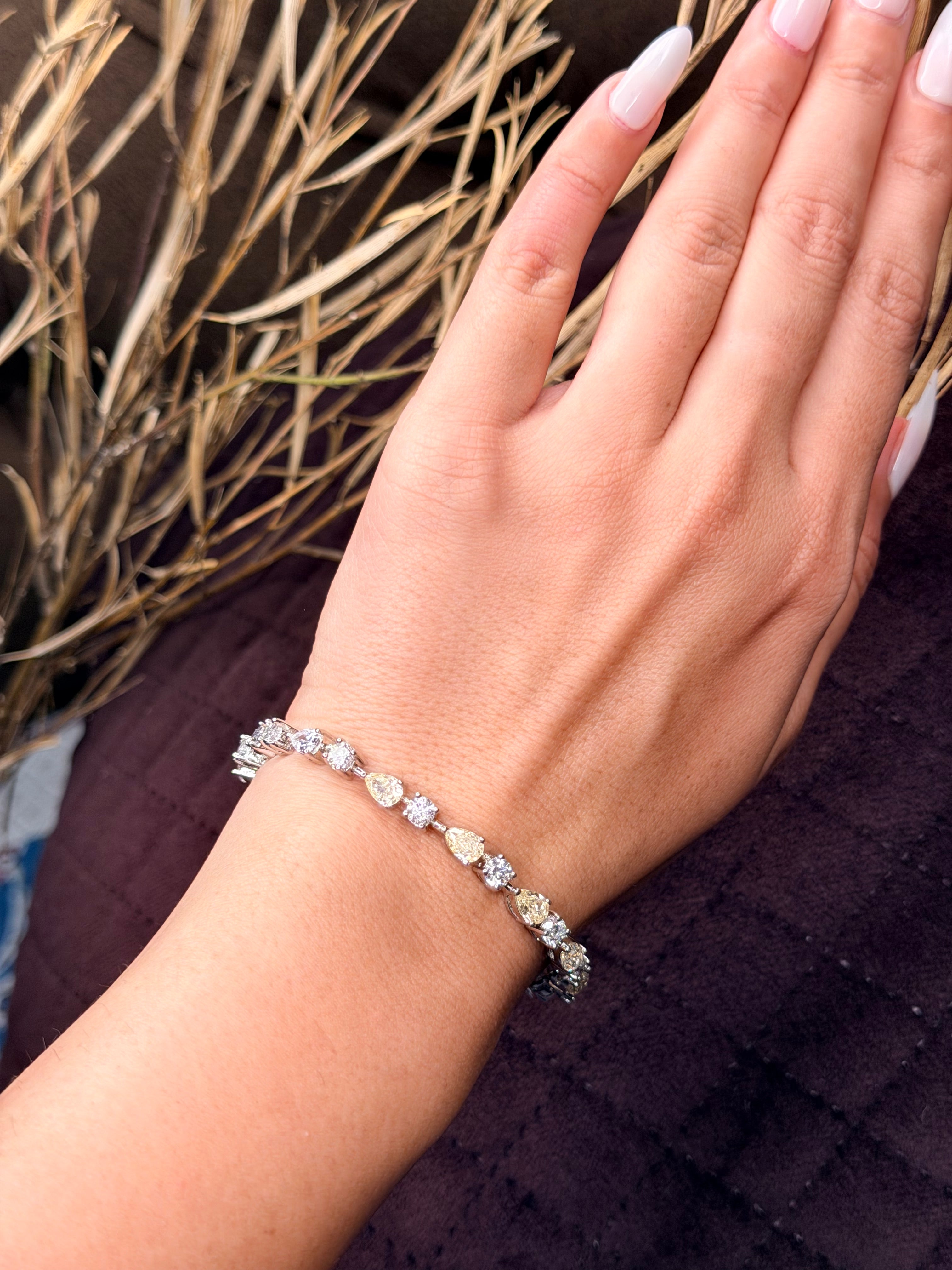Silver Pear-Cut & Round Diamond Tennis Bracelet