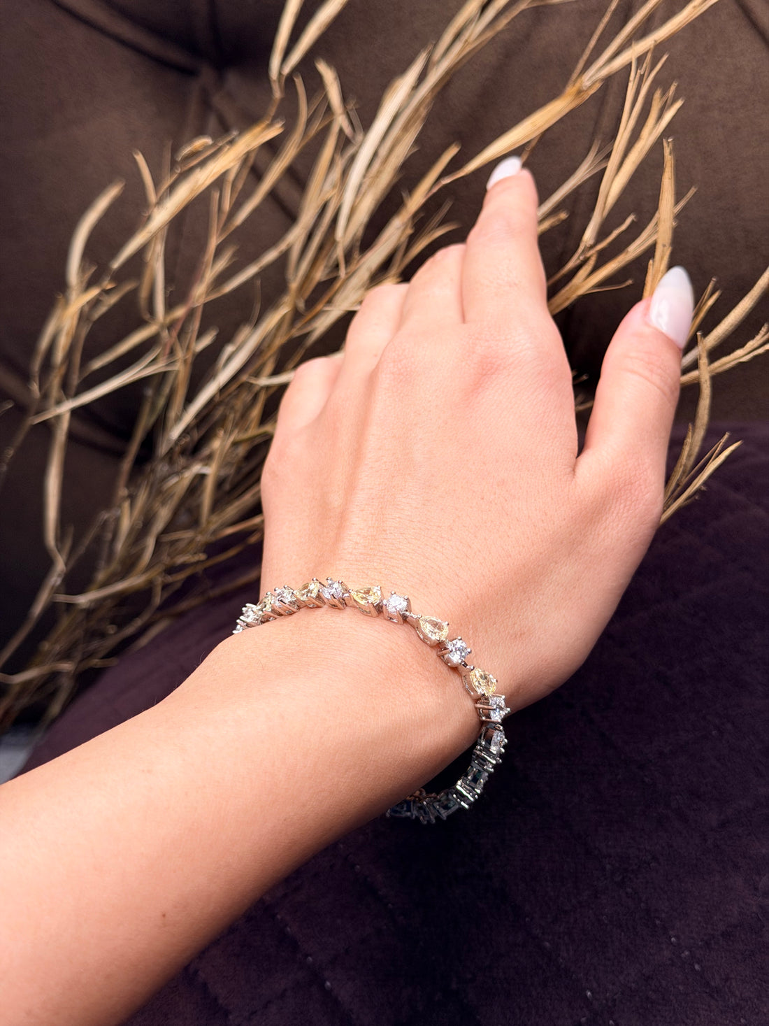 Silver Pear-Cut & Round Diamond Tennis Bracelet