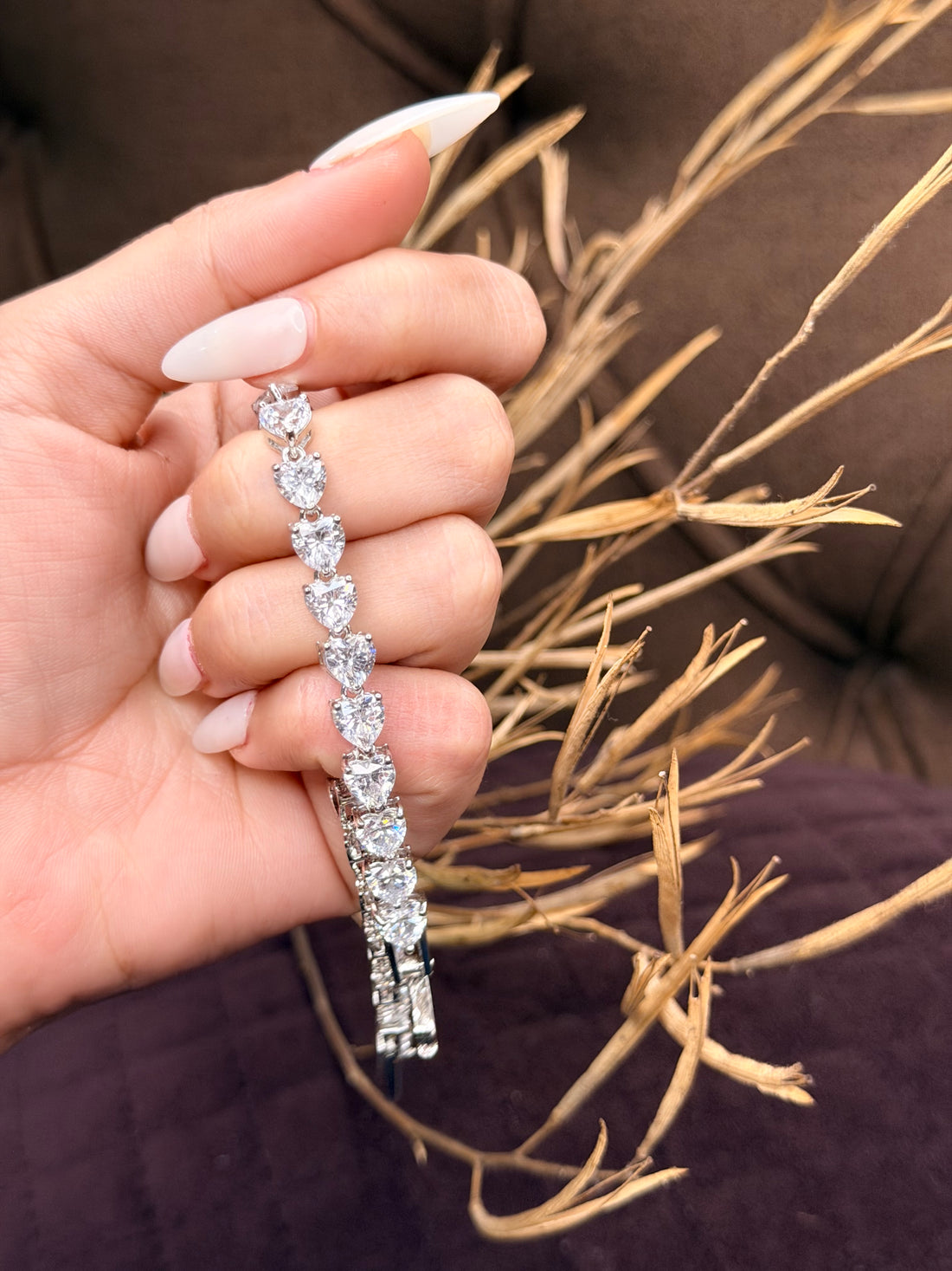 Silver heart shaped diamond tennis bracelet