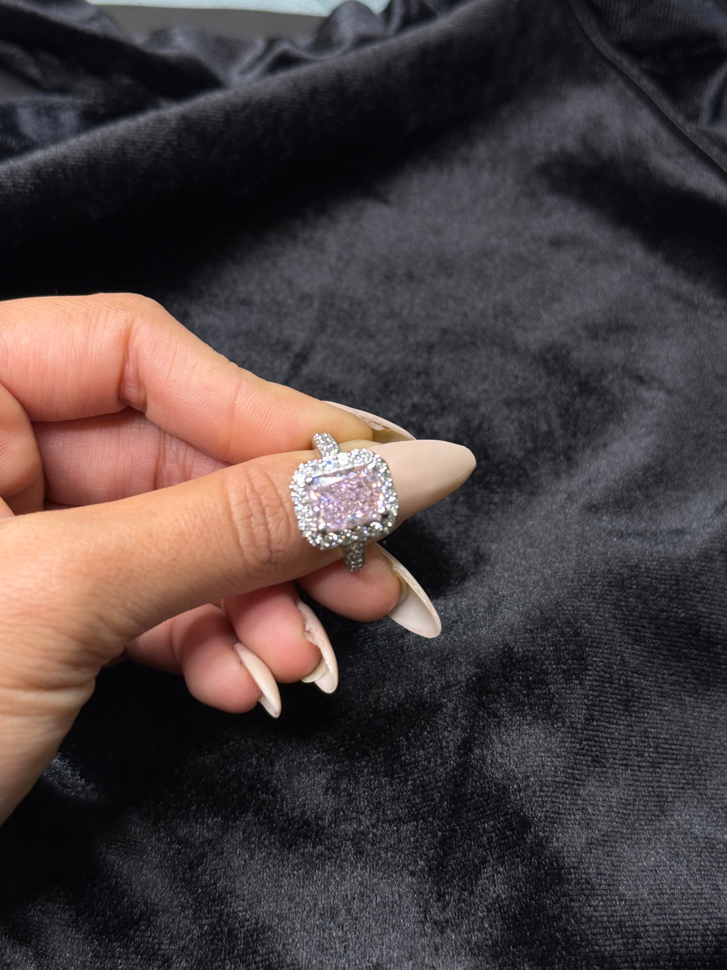 Pink princess cut diamond silver ring