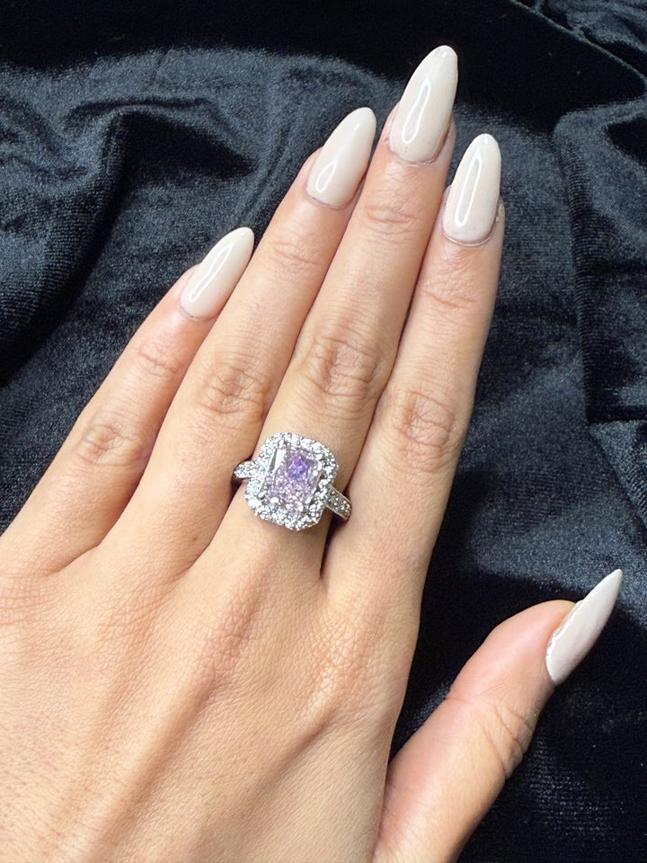 Pink princess cut diamond silver ring