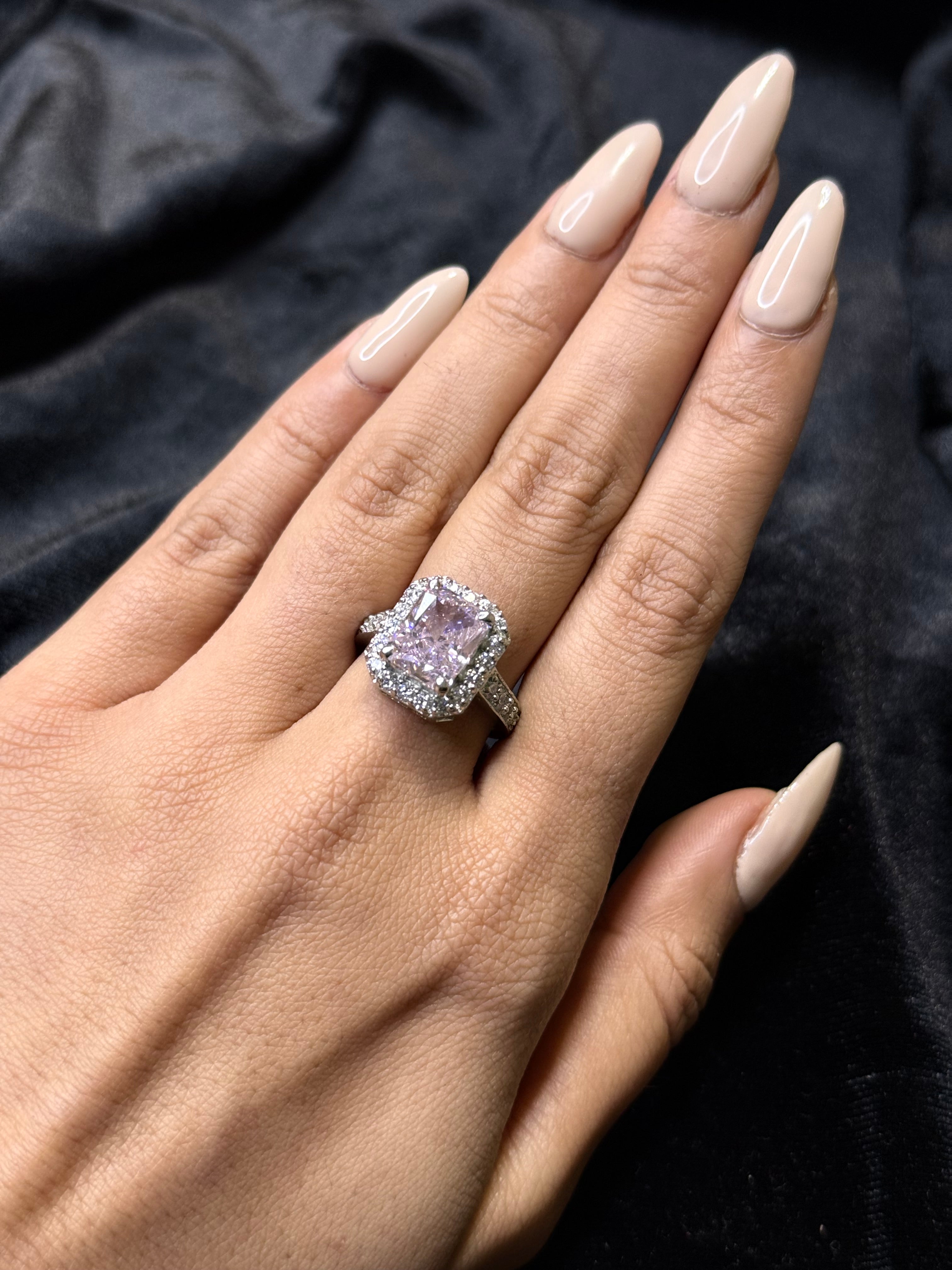 Pink princess cut diamond silver ring