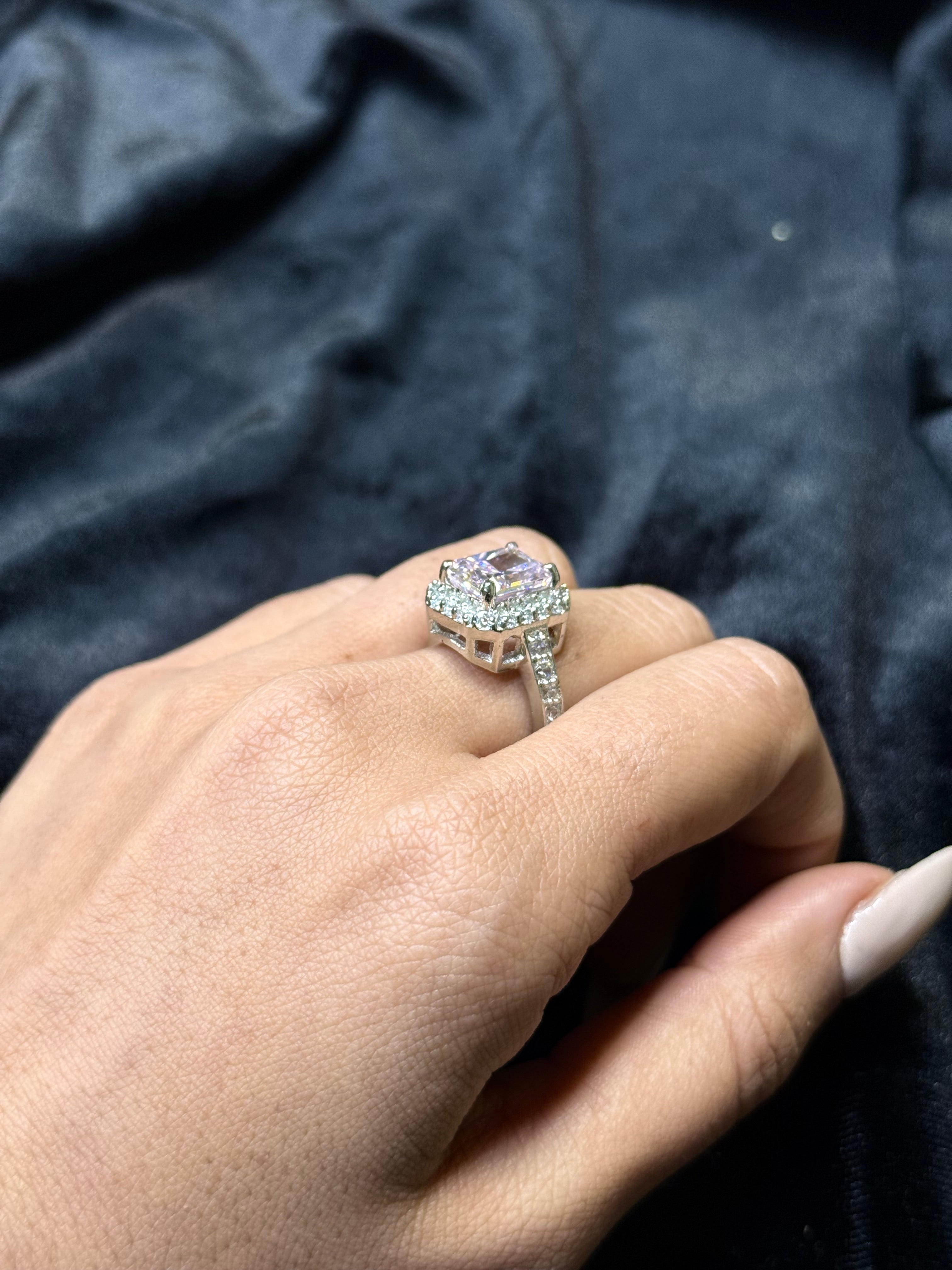 Pink princess cut diamond silver ring