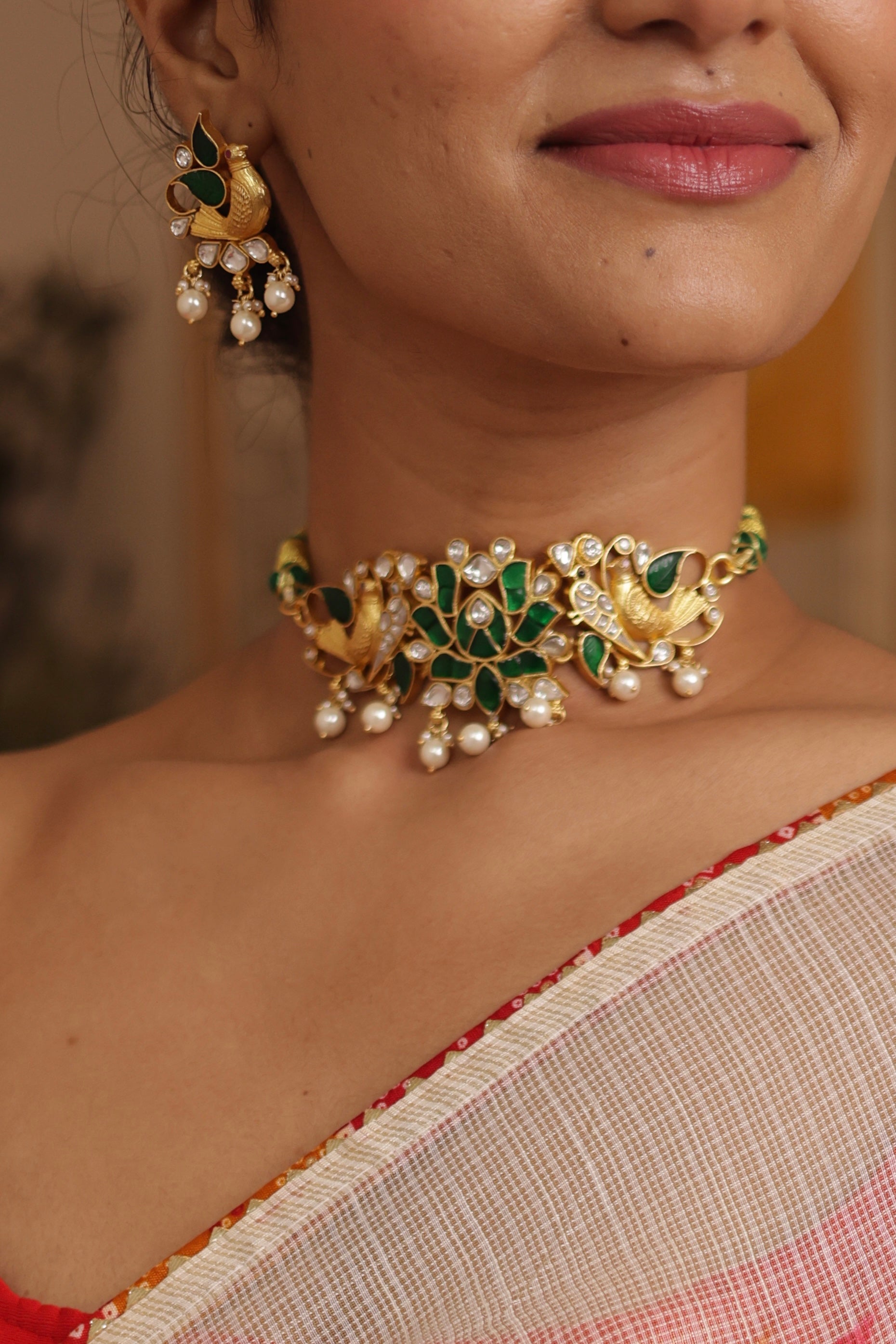 Silver pearl Kundan choker set in green