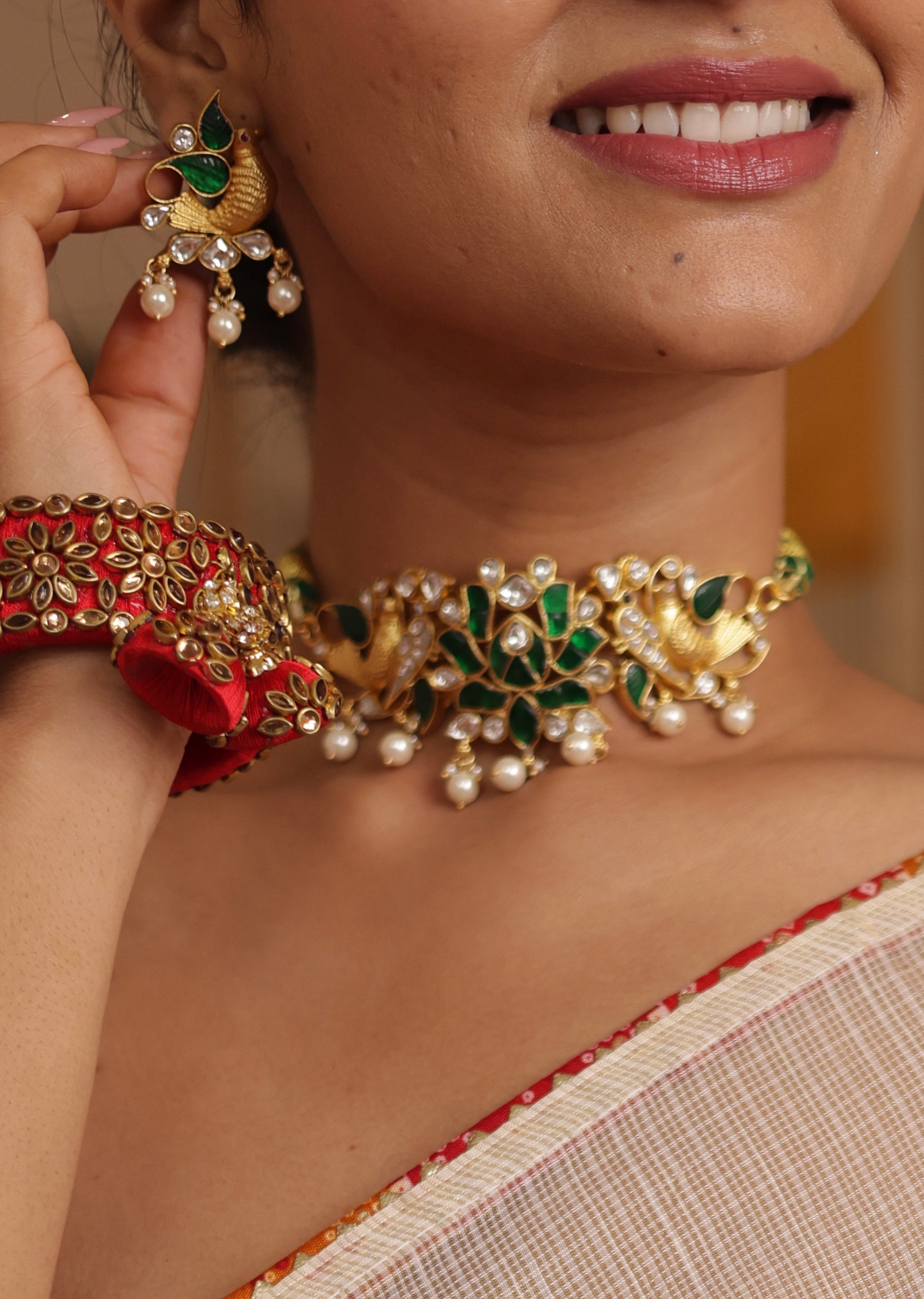 Silver pearl Kundan choker set in green