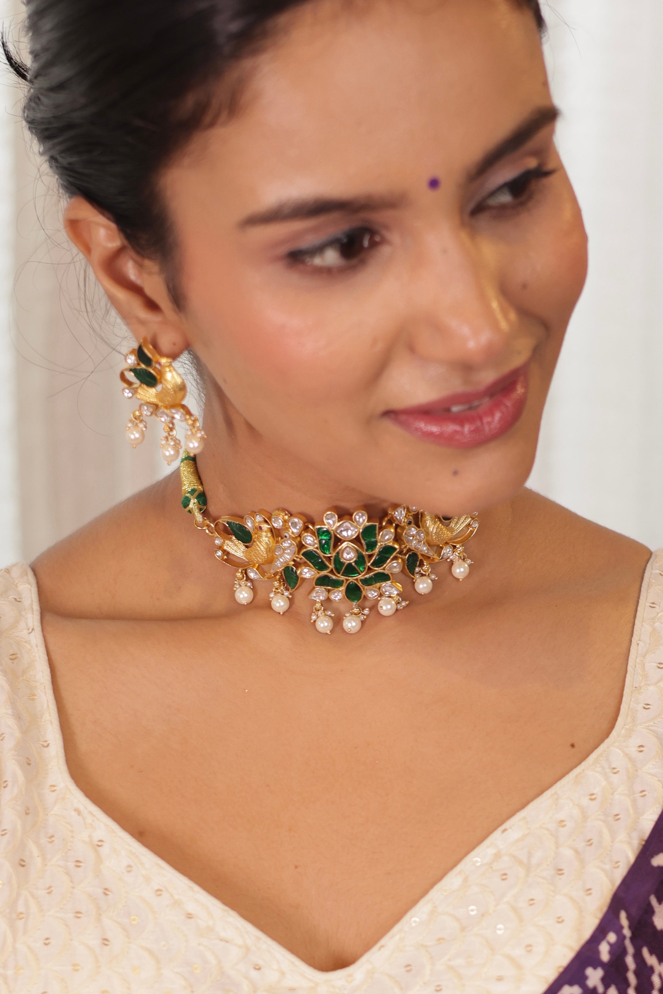 Silver pearl Kundan choker set in green