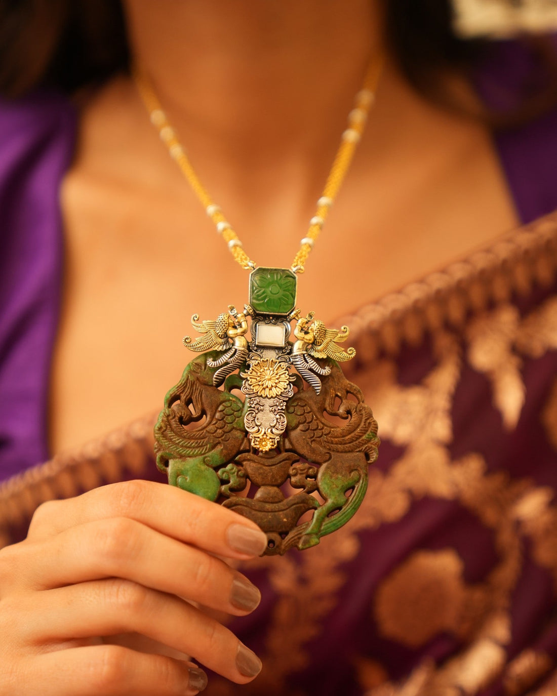 Statement Long Silver Pendant with Detailed  Carved Stone Centerpiece