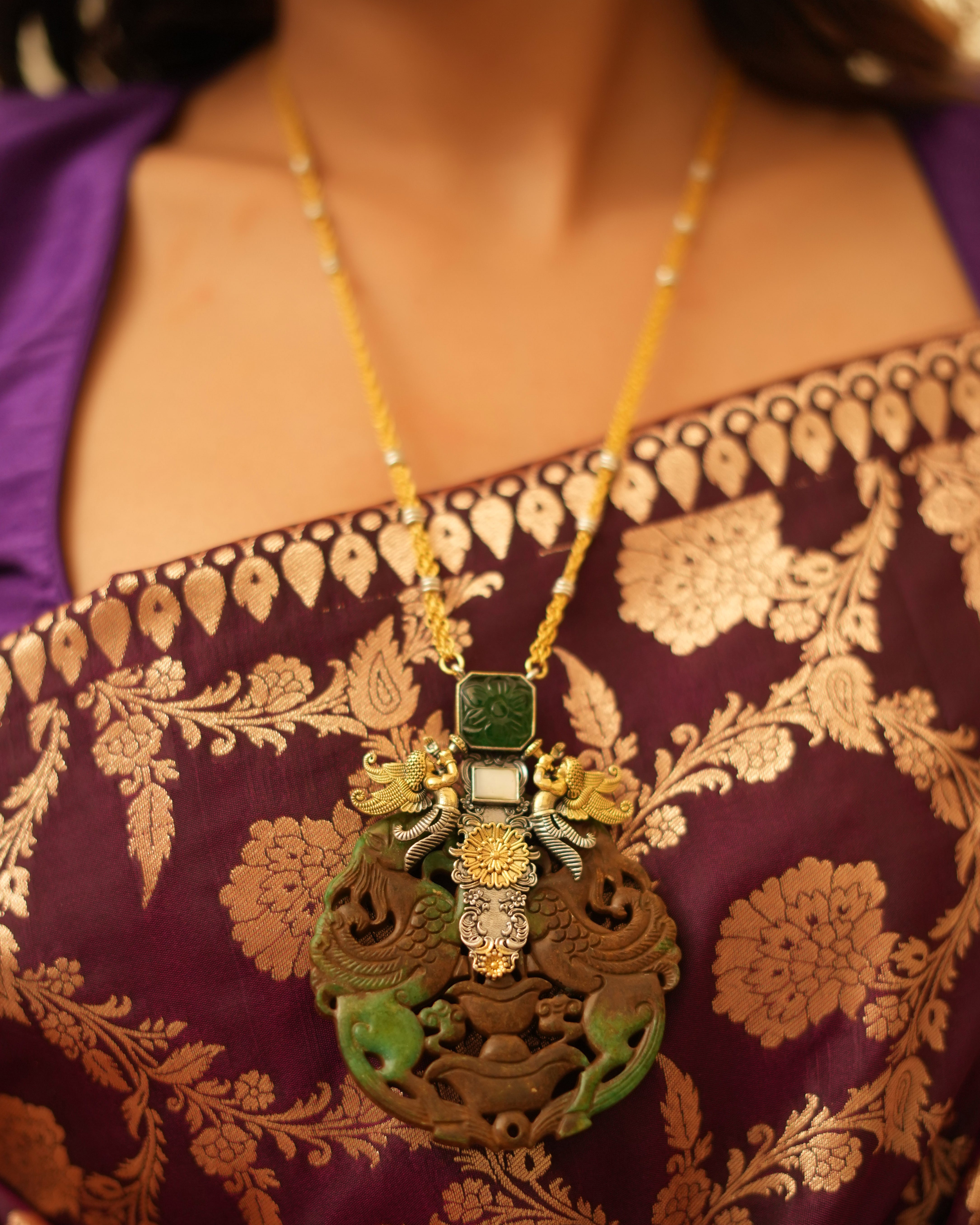 Statement Long Silver Pendant with Detailed  Carved Stone Centerpiece