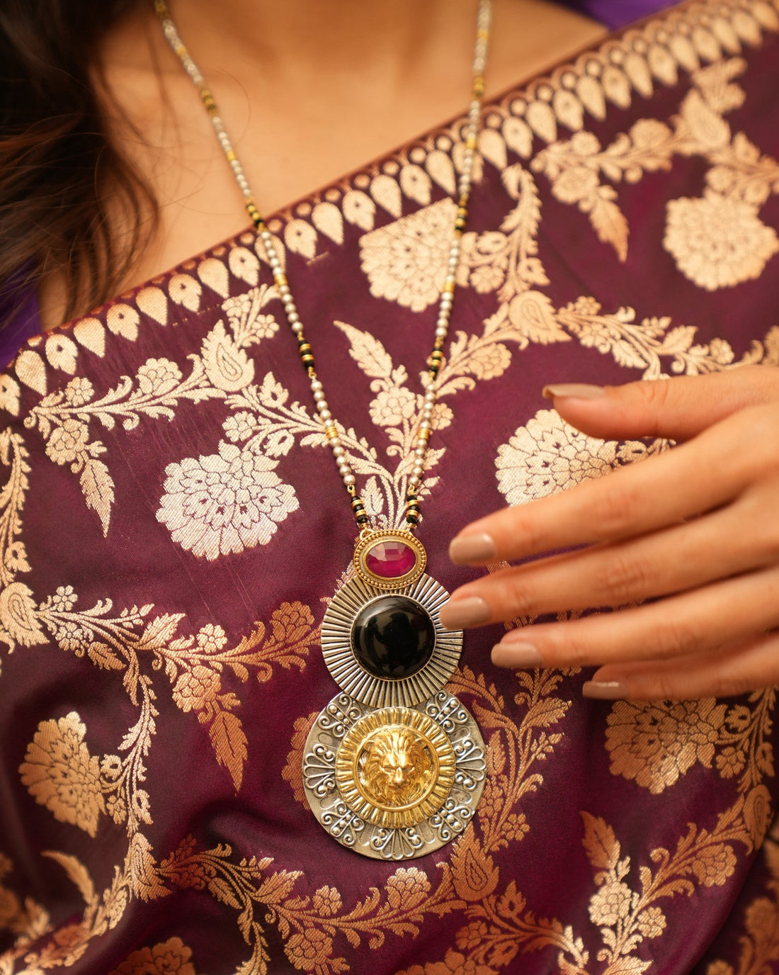 Majestic Lion Figure Long  Silver Pendant with Stones