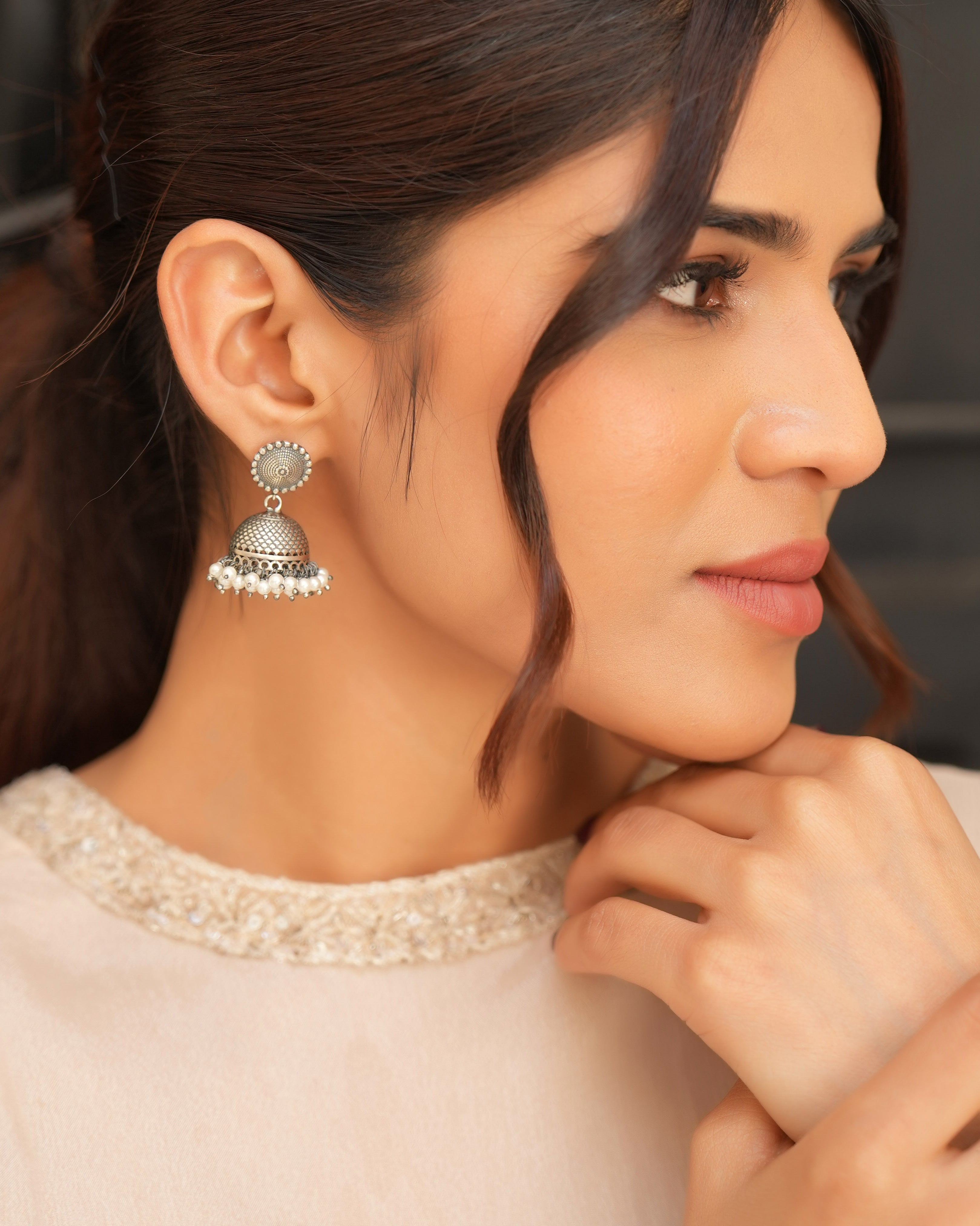 Oxidised Silver Earrings with Delicate Pearl Poai