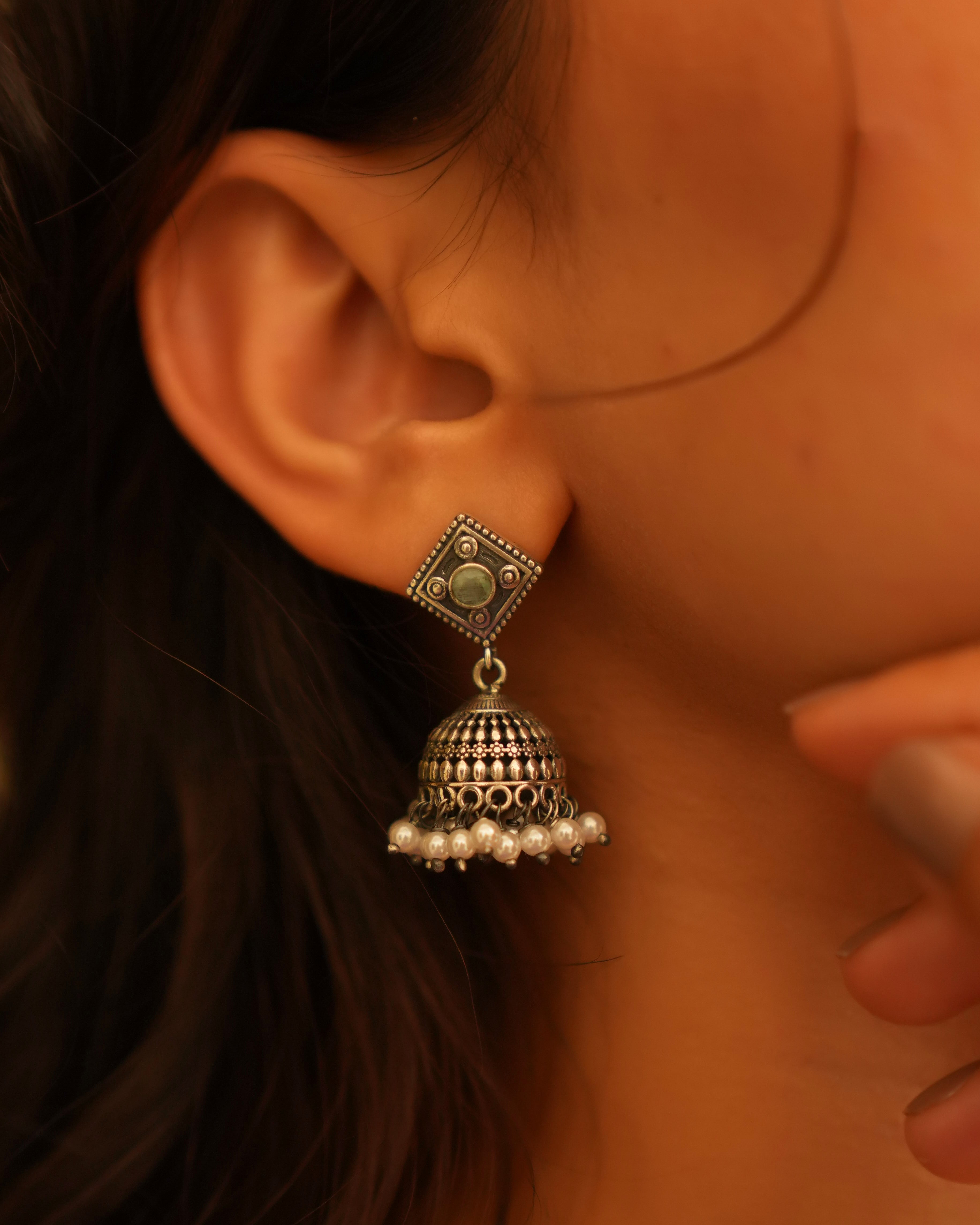 Classic Oxidised Silver Earrings With pearl Beads