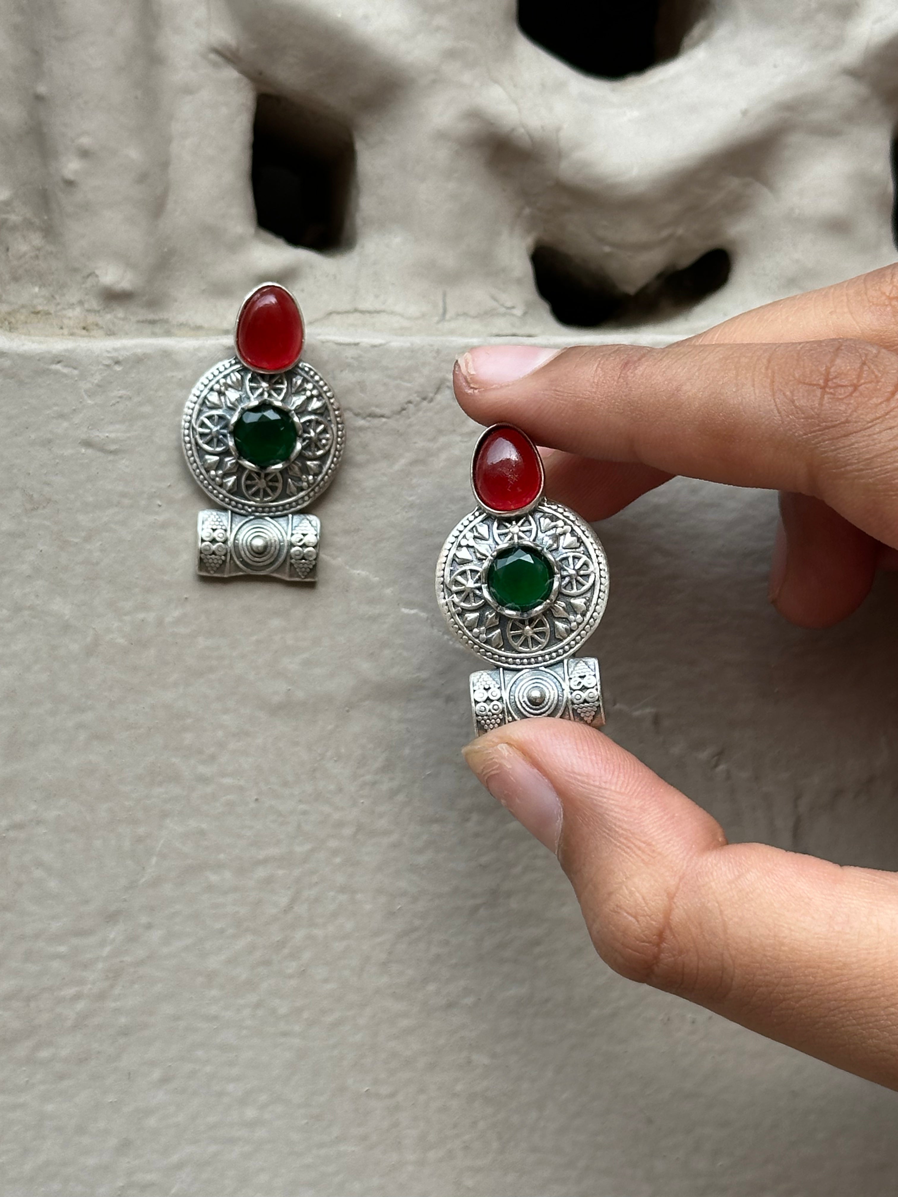 Handcrafted Tribal Silver Earrings with Stone Detailing
