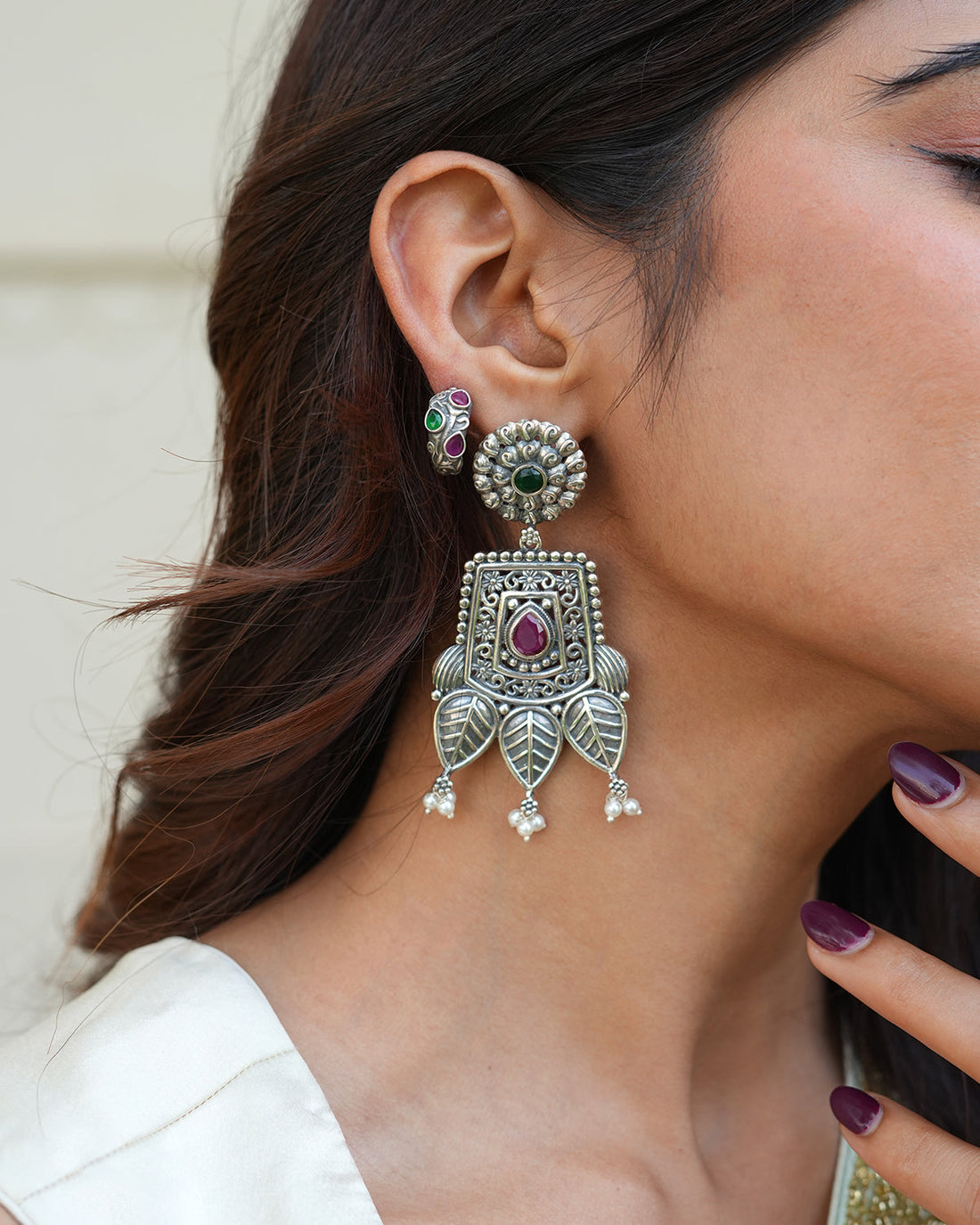 Oxidised Silver Danglers with Leaf & Floral Motifs