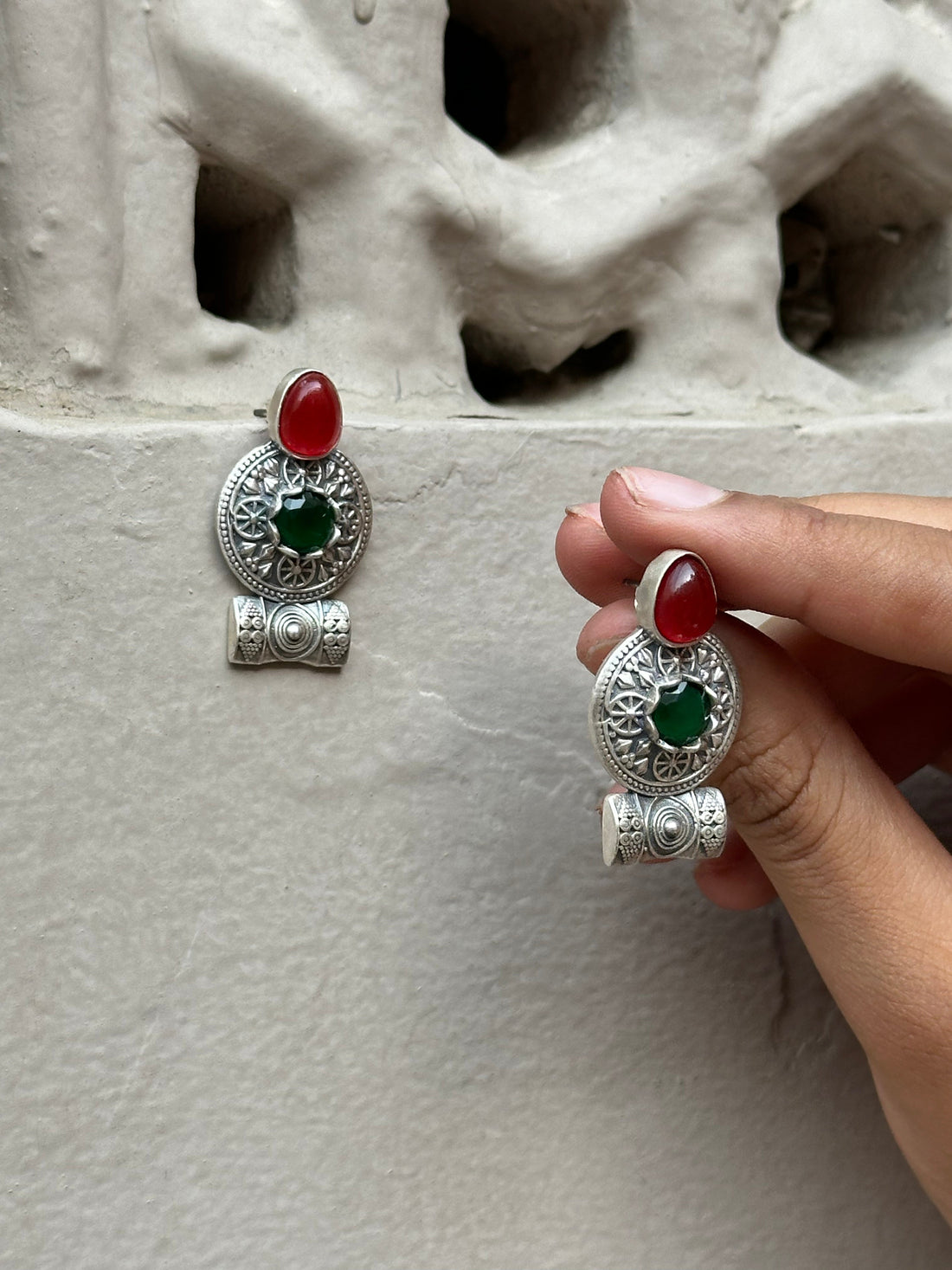 Handcrafted Tribal Silver Earrings with Stone Detailing