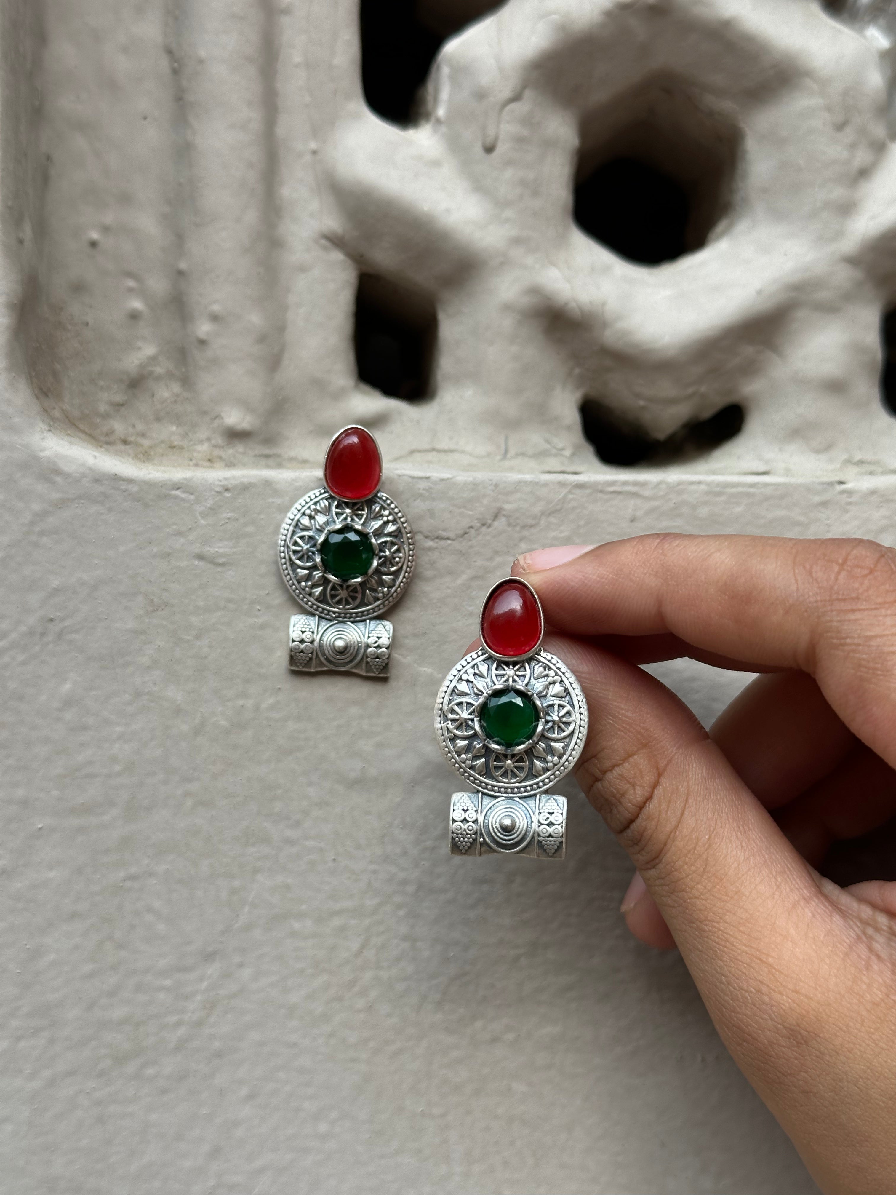Handcrafted Tribal Silver Earrings with Stone Detailing