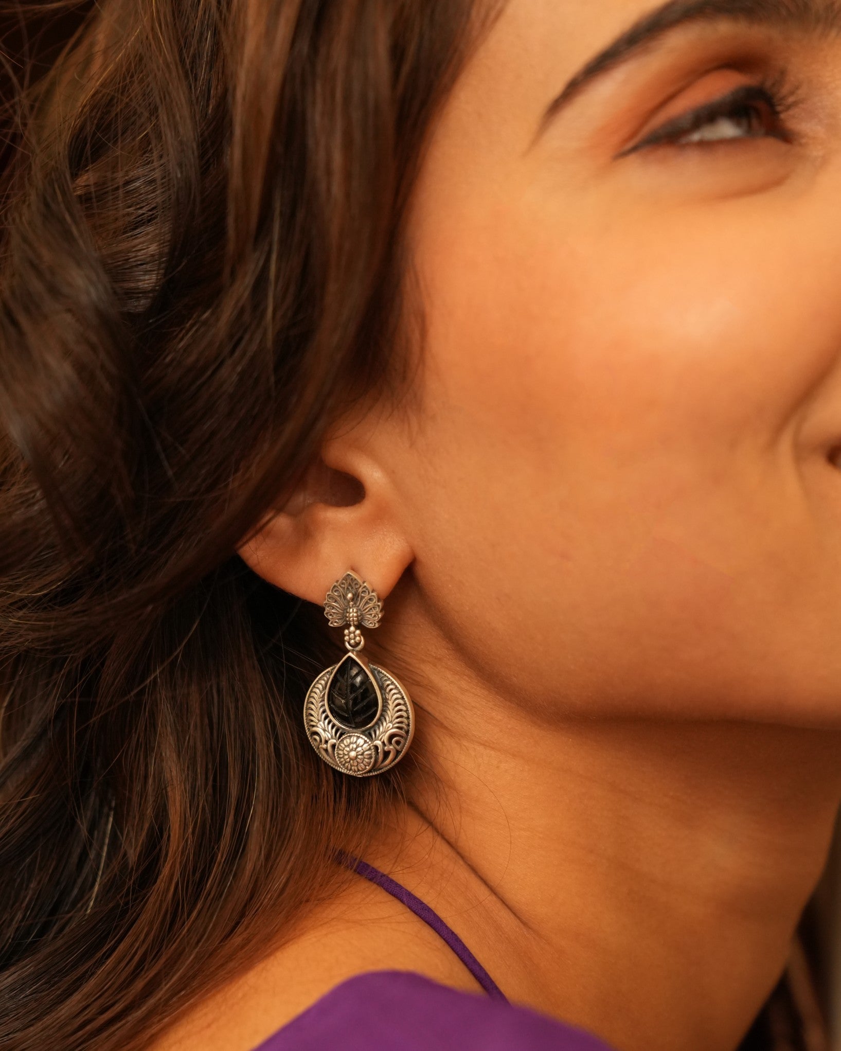 Unique Oxidised Earrings with Black Pear Stone
