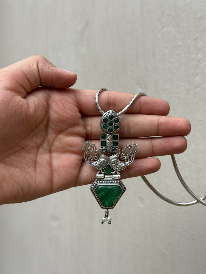 Intricately Crafted Silver Oxidised Pendant & Chain