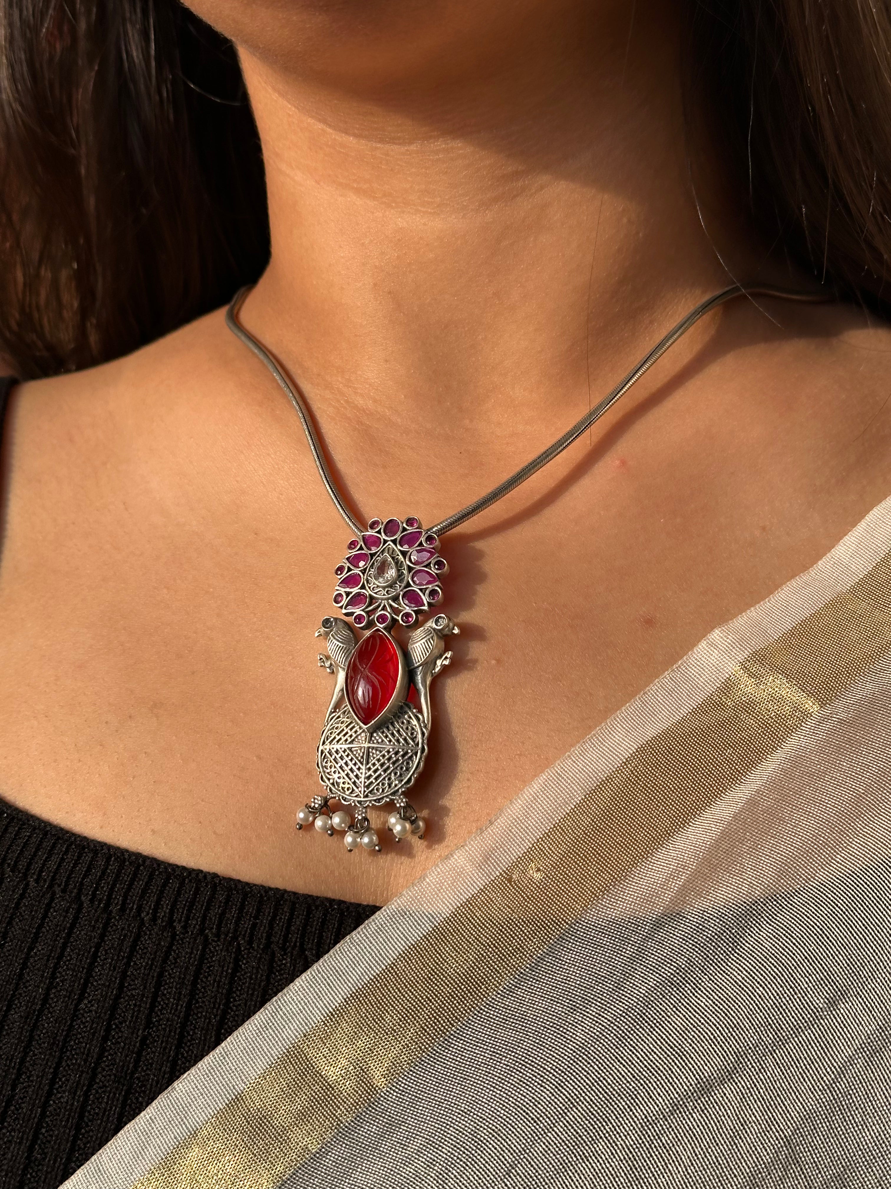 Silver Oxidised Pendant with Pearl Droplets & Chain