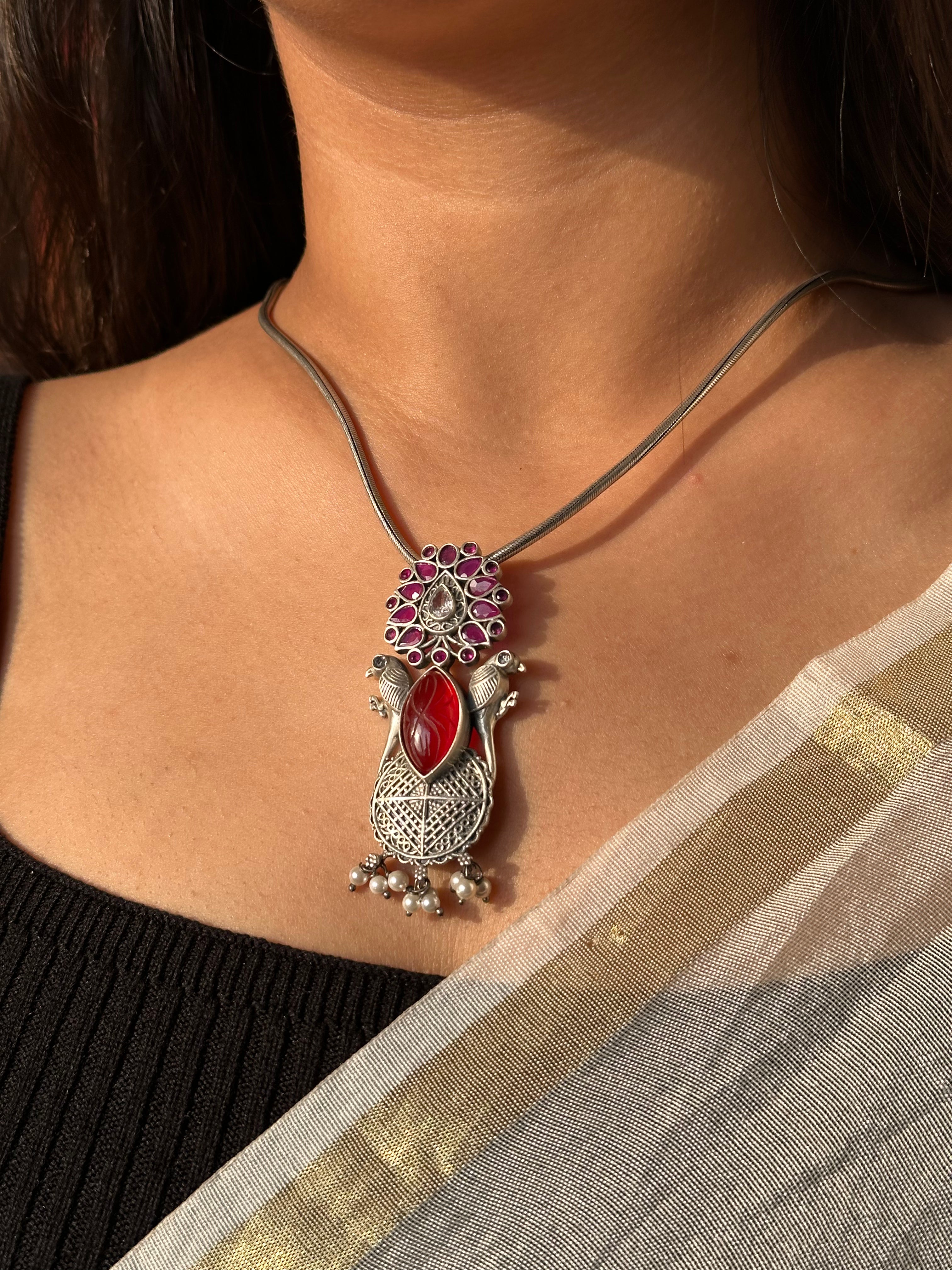 Silver Oxidised Pendant with Pearl Droplets & Chain