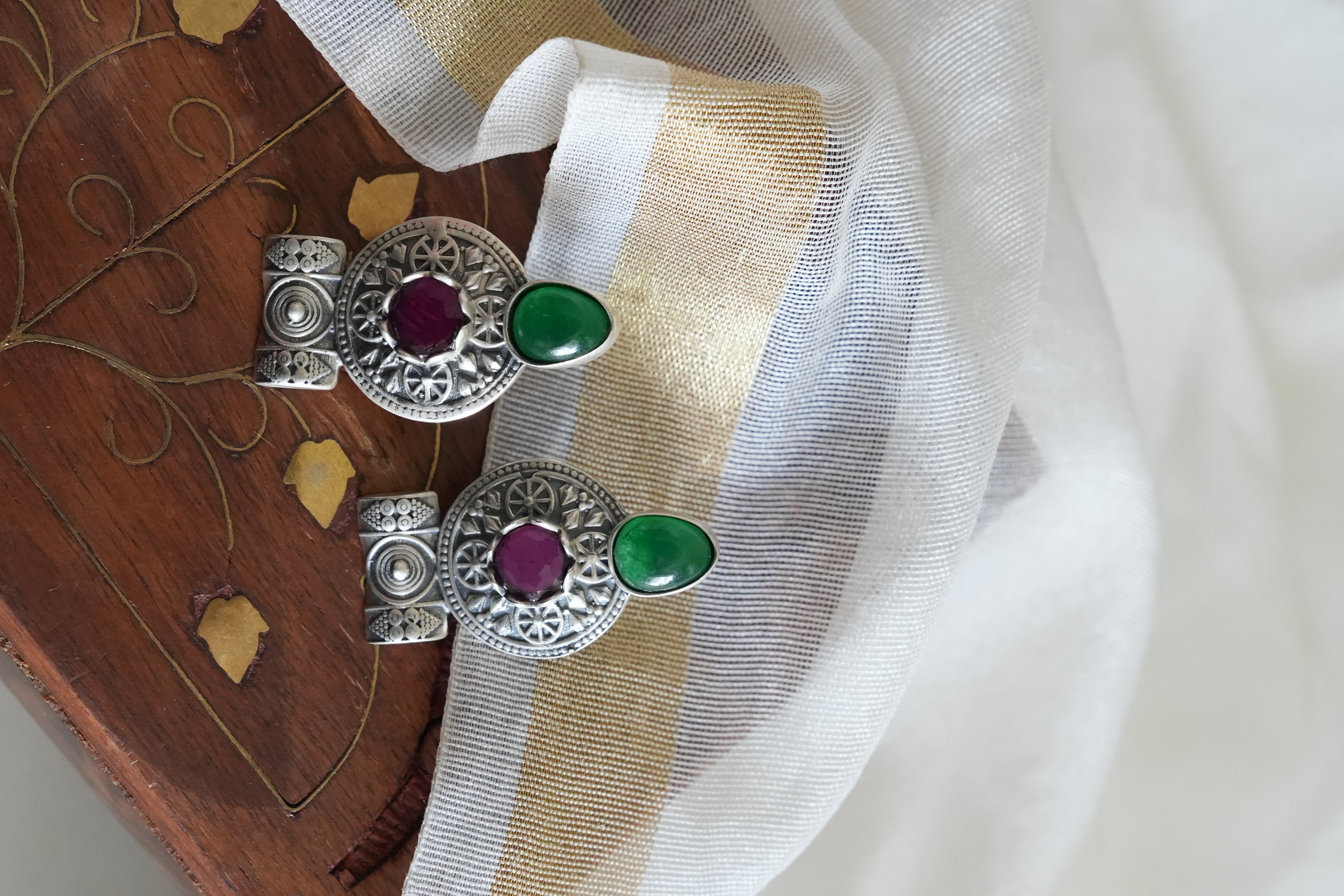 Silver Earring with Green and Purple Stones