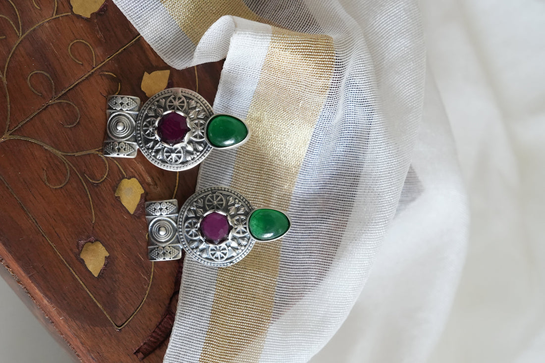 Silver Earring with Green and Purple Stones
