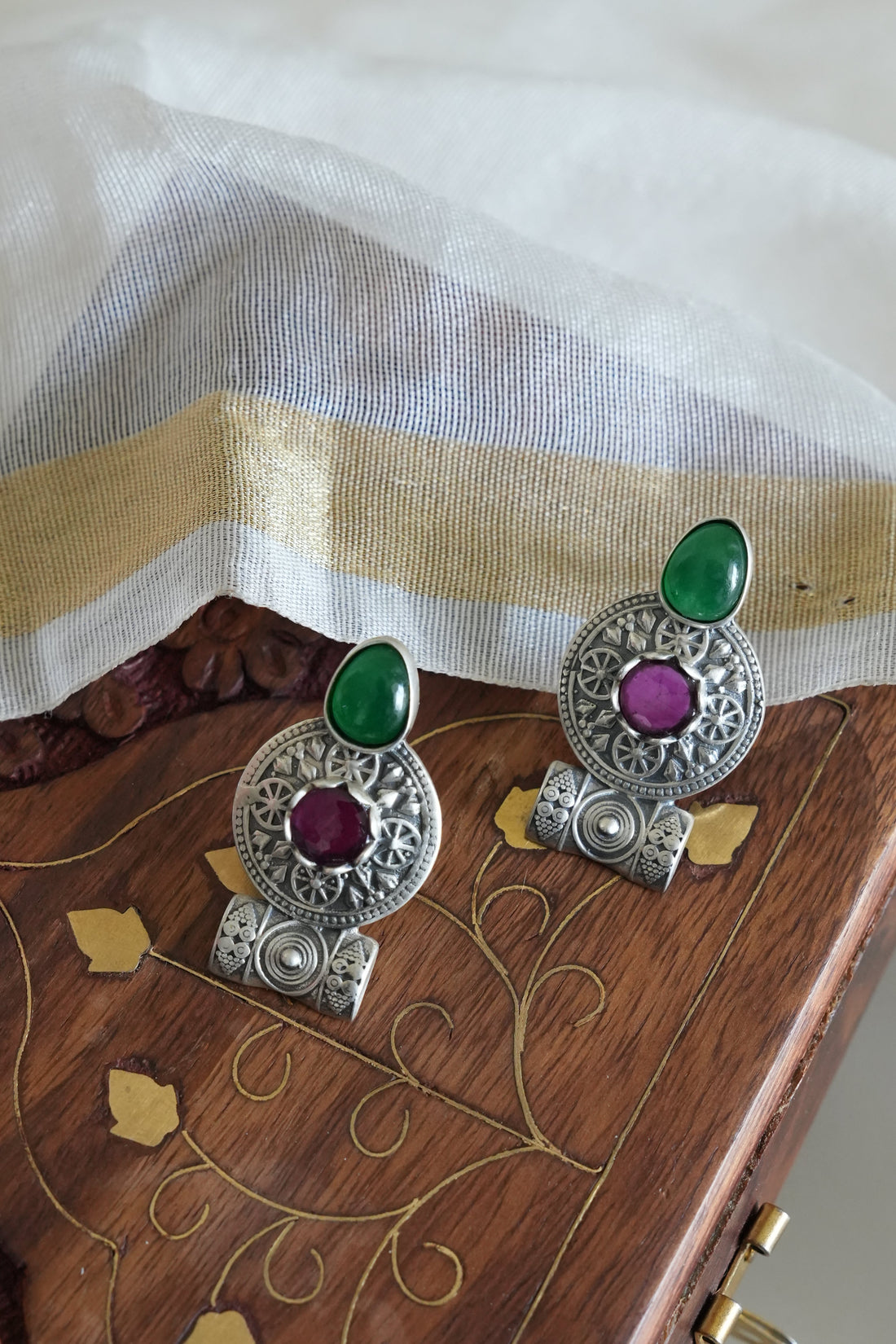 Silver Earring with Green and Purple Stones