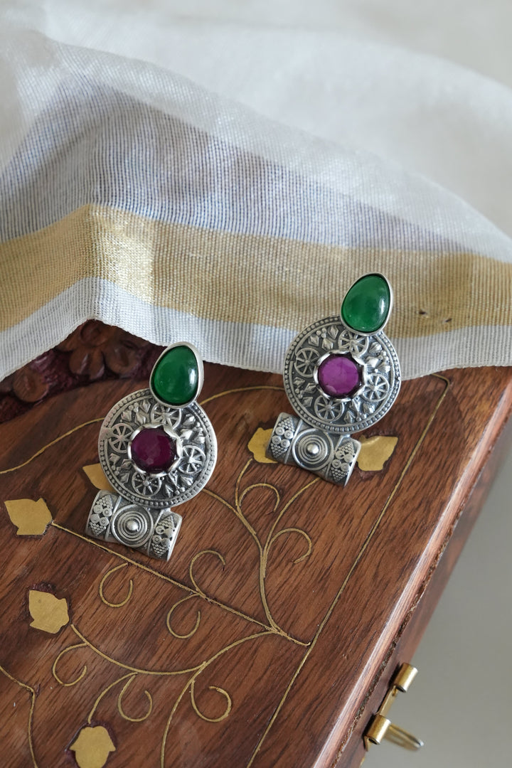 Silver Earring with Green and Purple Stones