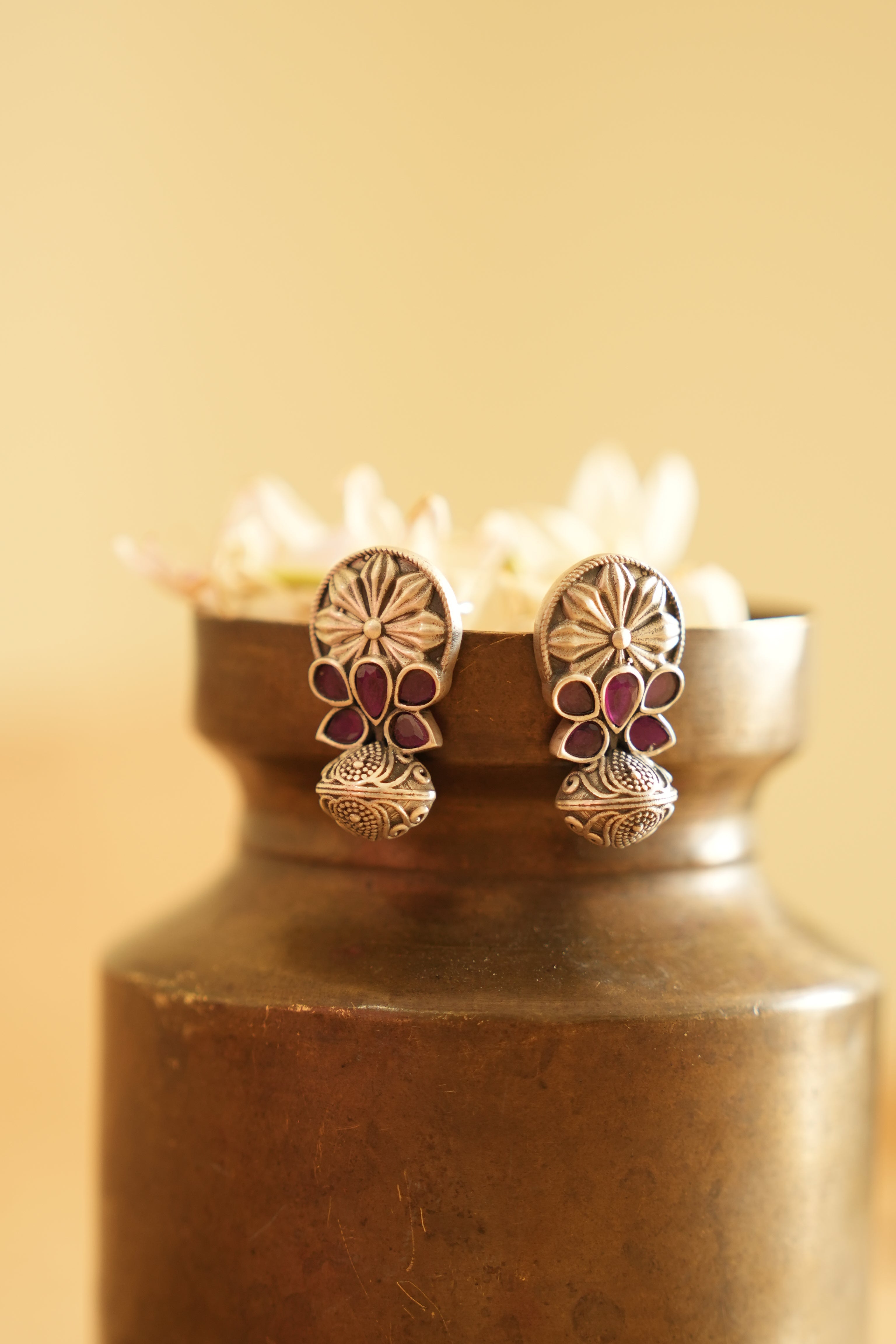 Floral Drop Oxidised Silver Earring