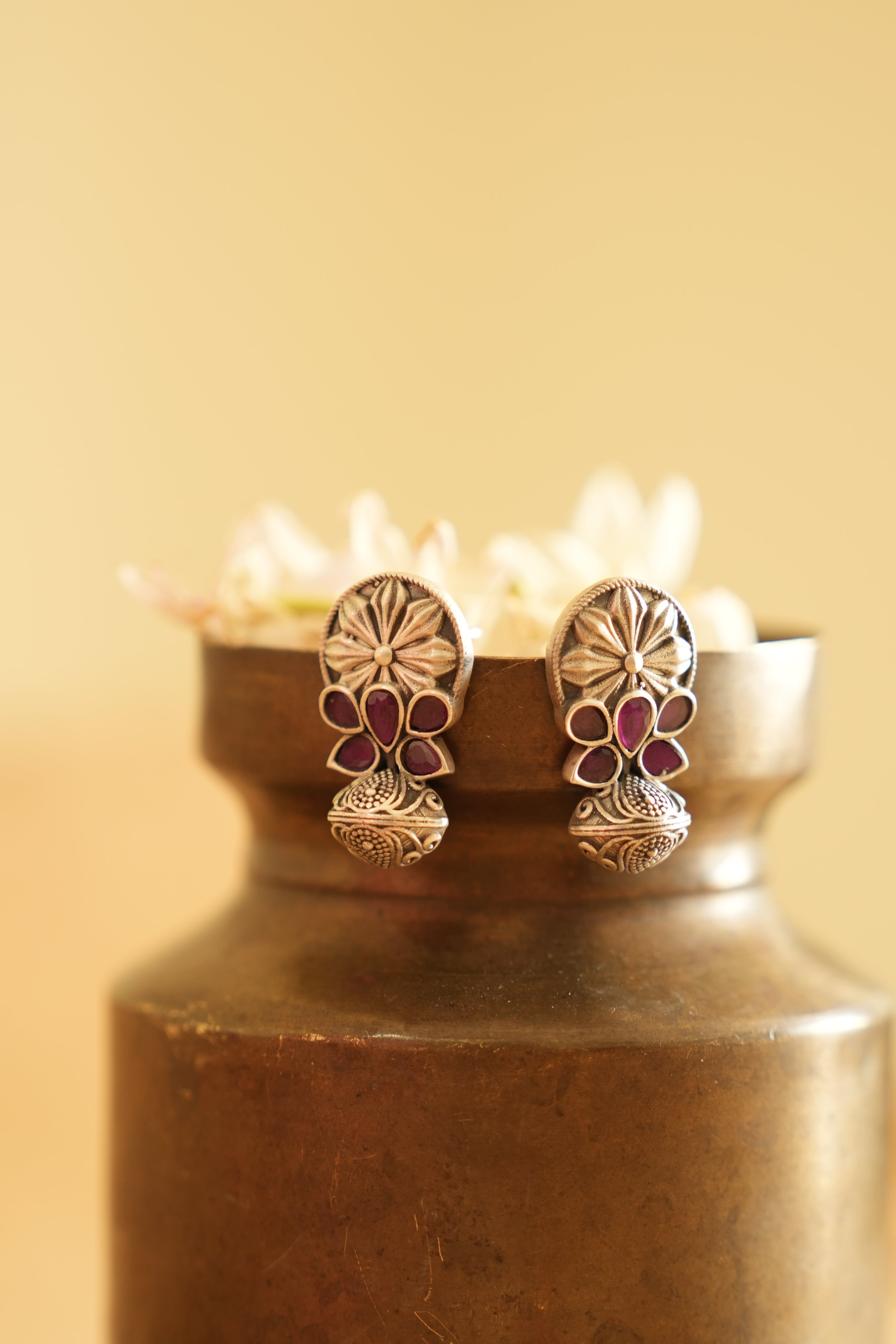 Floral Drop Oxidised Silver Earring