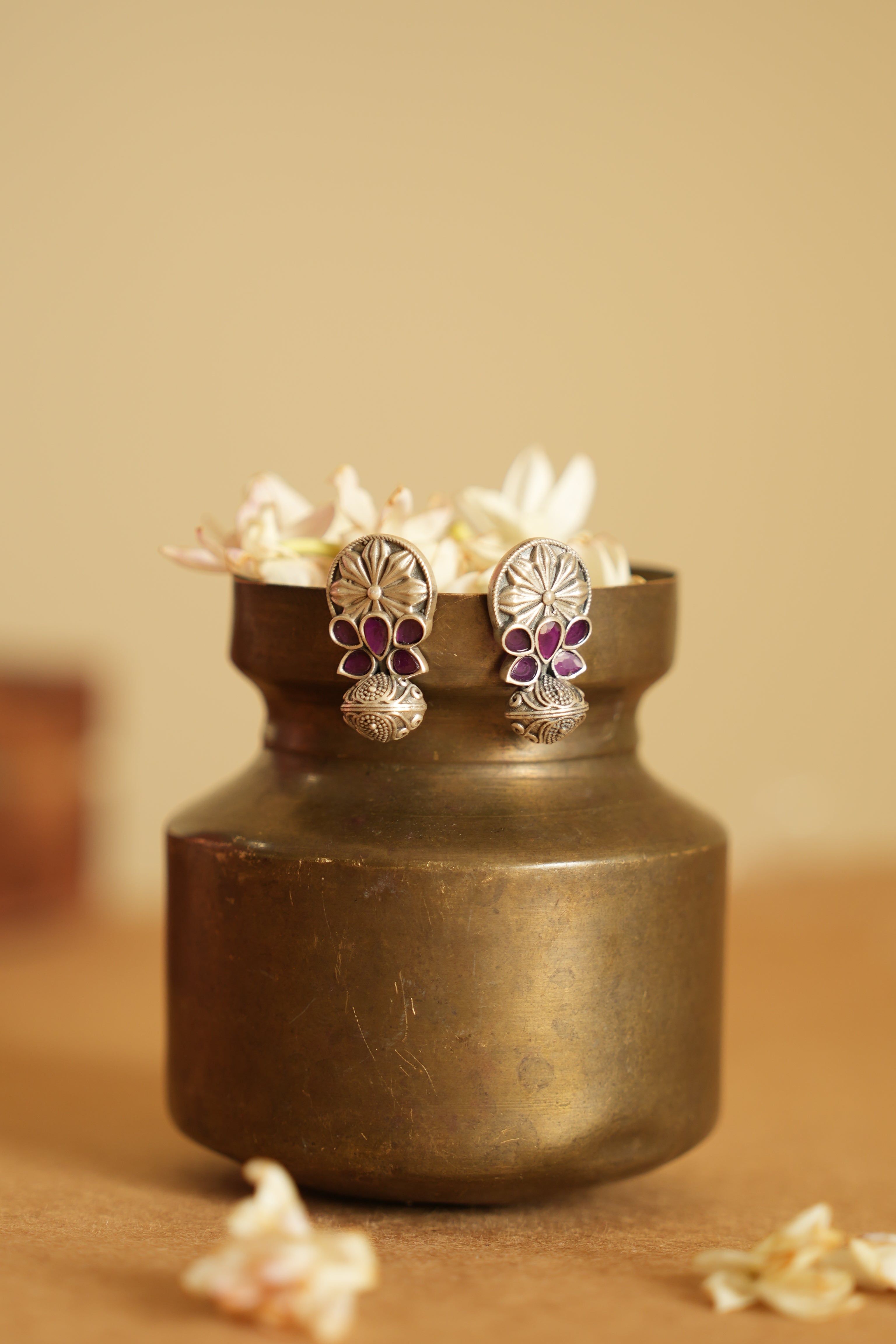 Floral Drop Oxidised Silver Earring