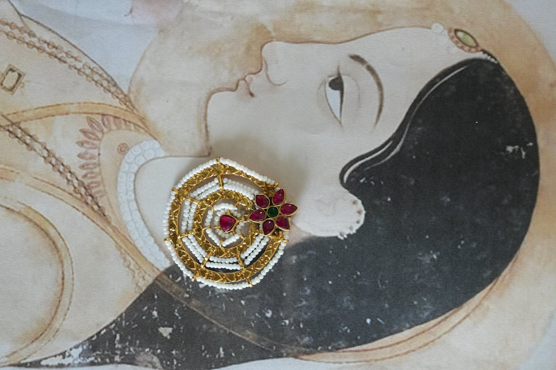 Floral Studded Silver Earring with Pearl Work