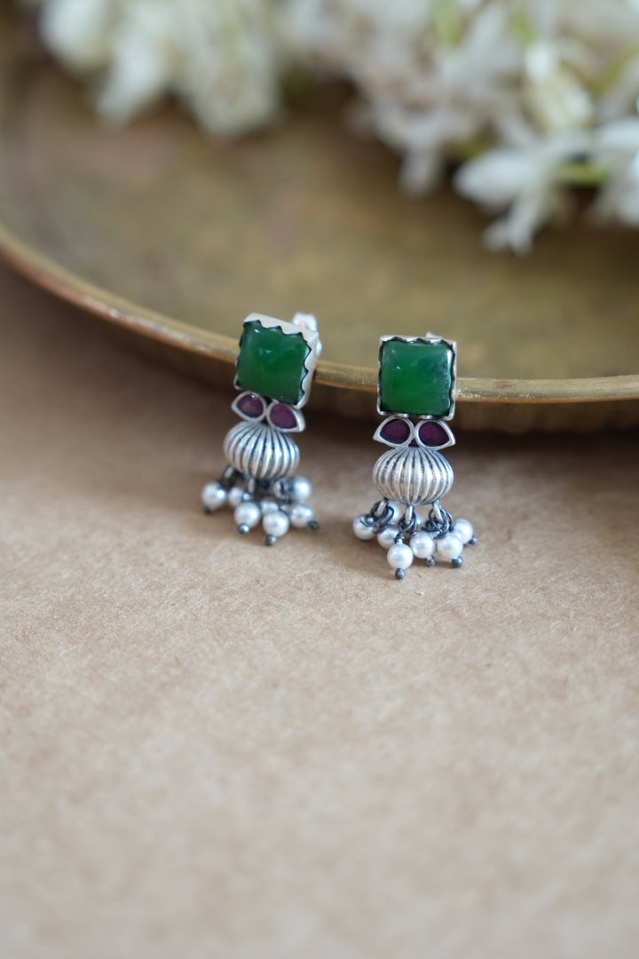 Green Stone Oxidised Silver Earrings