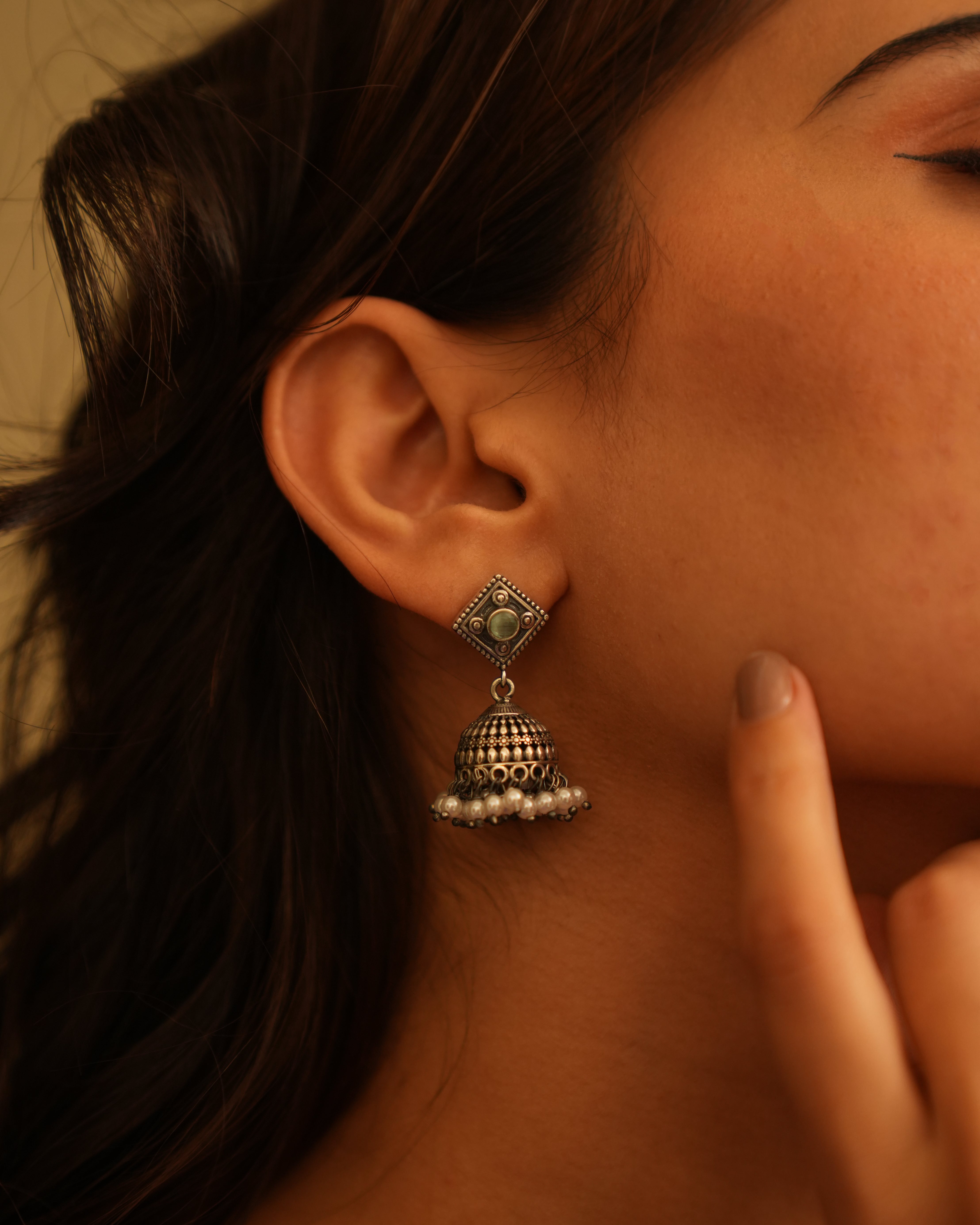 Classic Oxidised Silver Earrings With pearl Beads