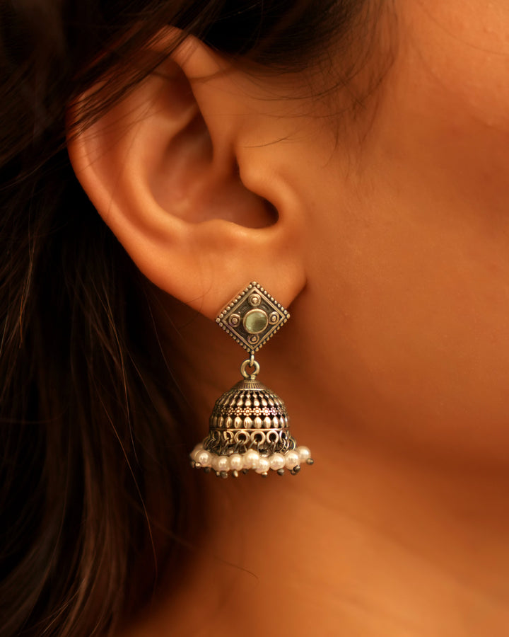 Classic Oxidised Silver Earrings With pearl Beads