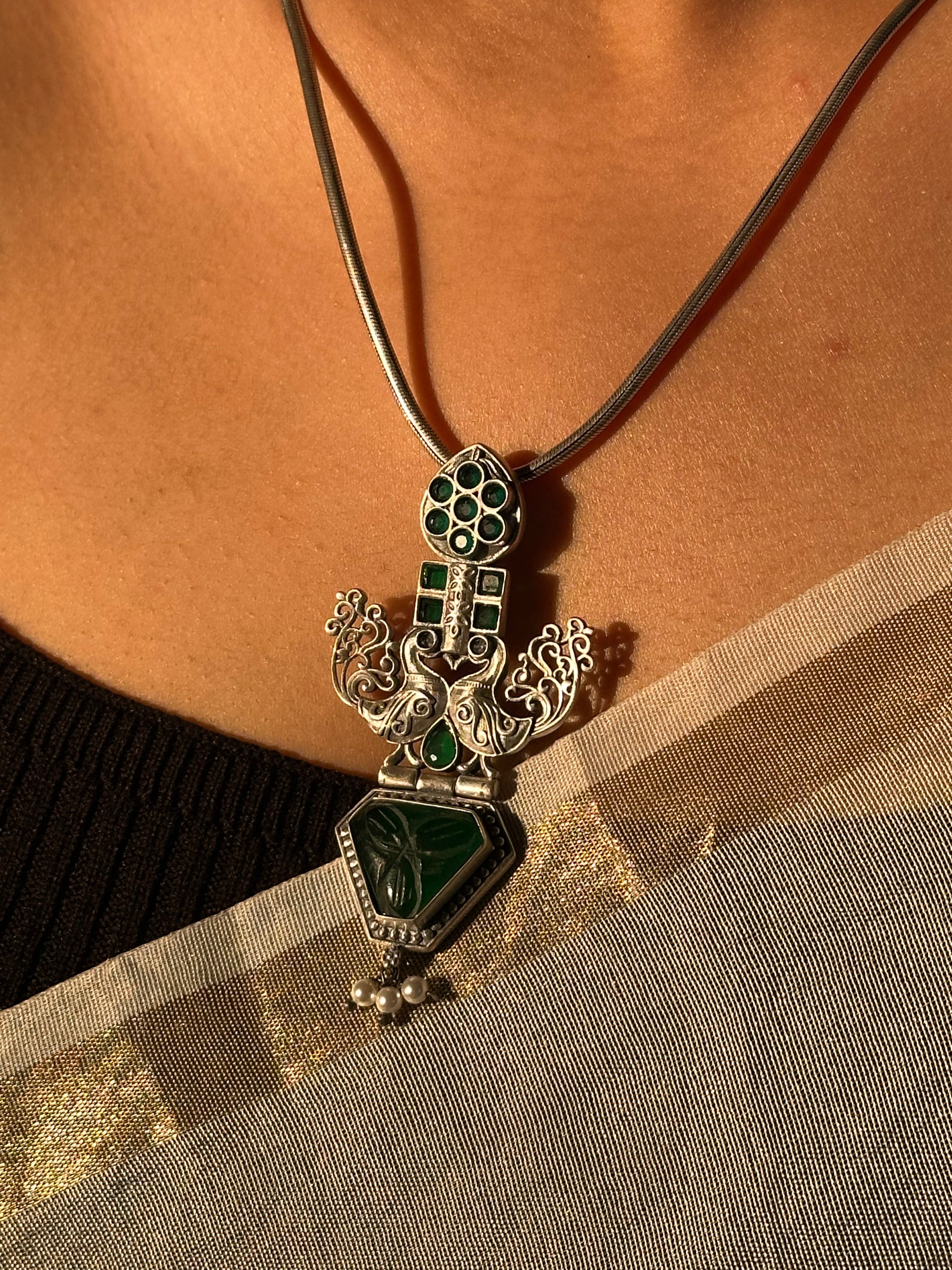 Intricately Crafted Silver Oxidised Pendant & Chain