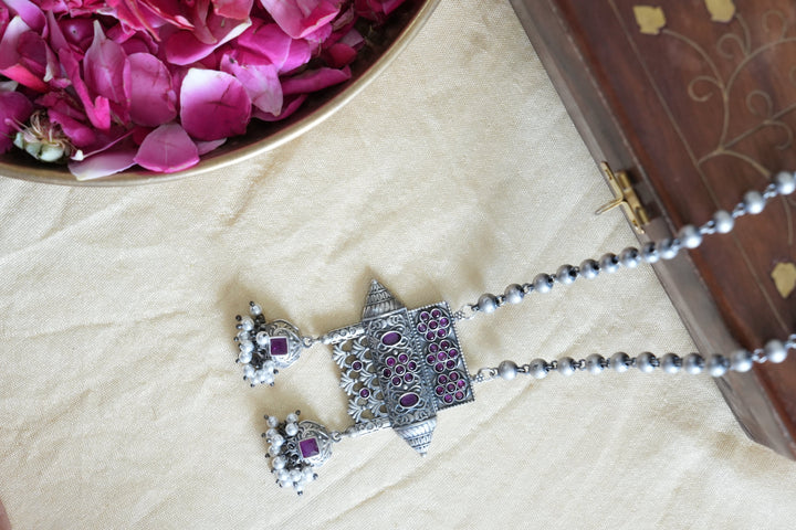Temple-Inspired Oxidised Silver Pendant with Beads and Floral Detailing