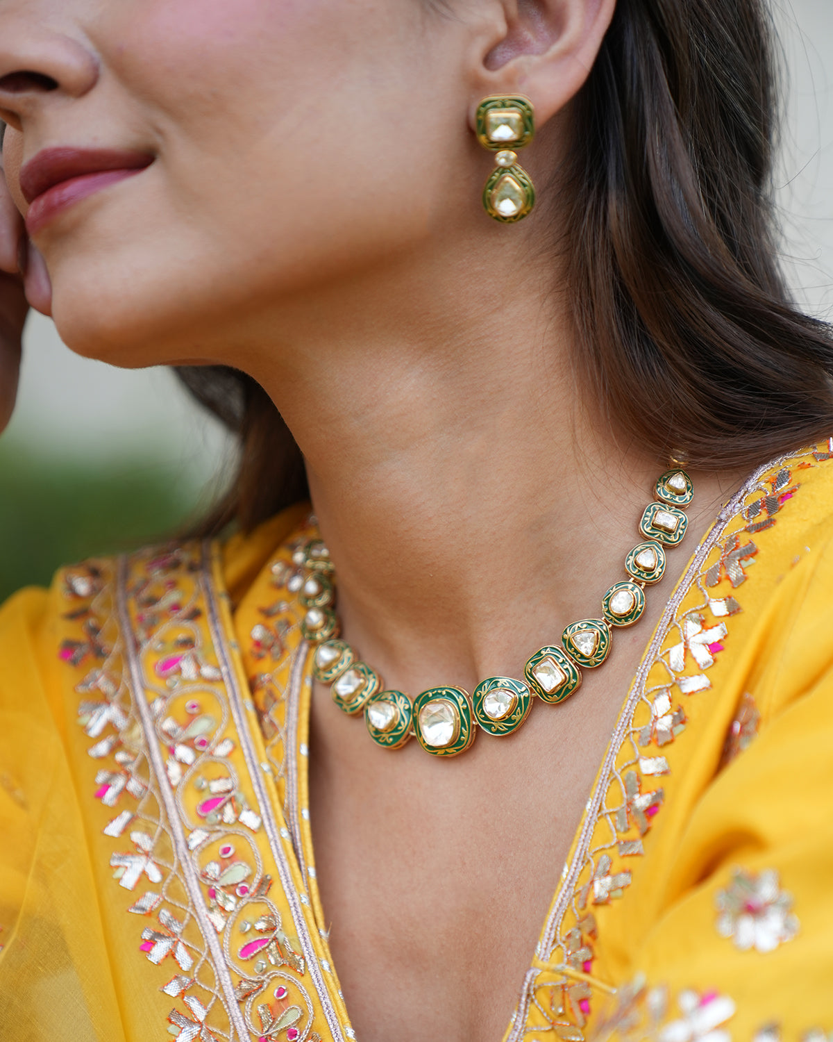 Polki Silver Necklace Set with Green Enamel