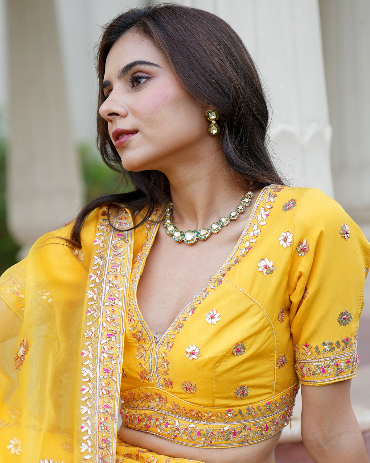 Polki Silver Necklace Set with Green Enamel