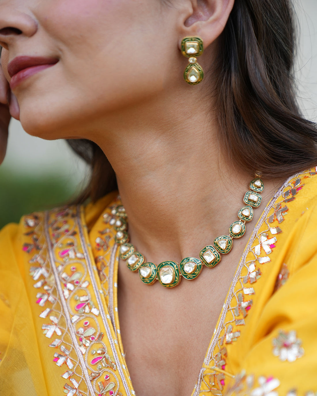 Polki Silver Necklace Set with Green Enamel