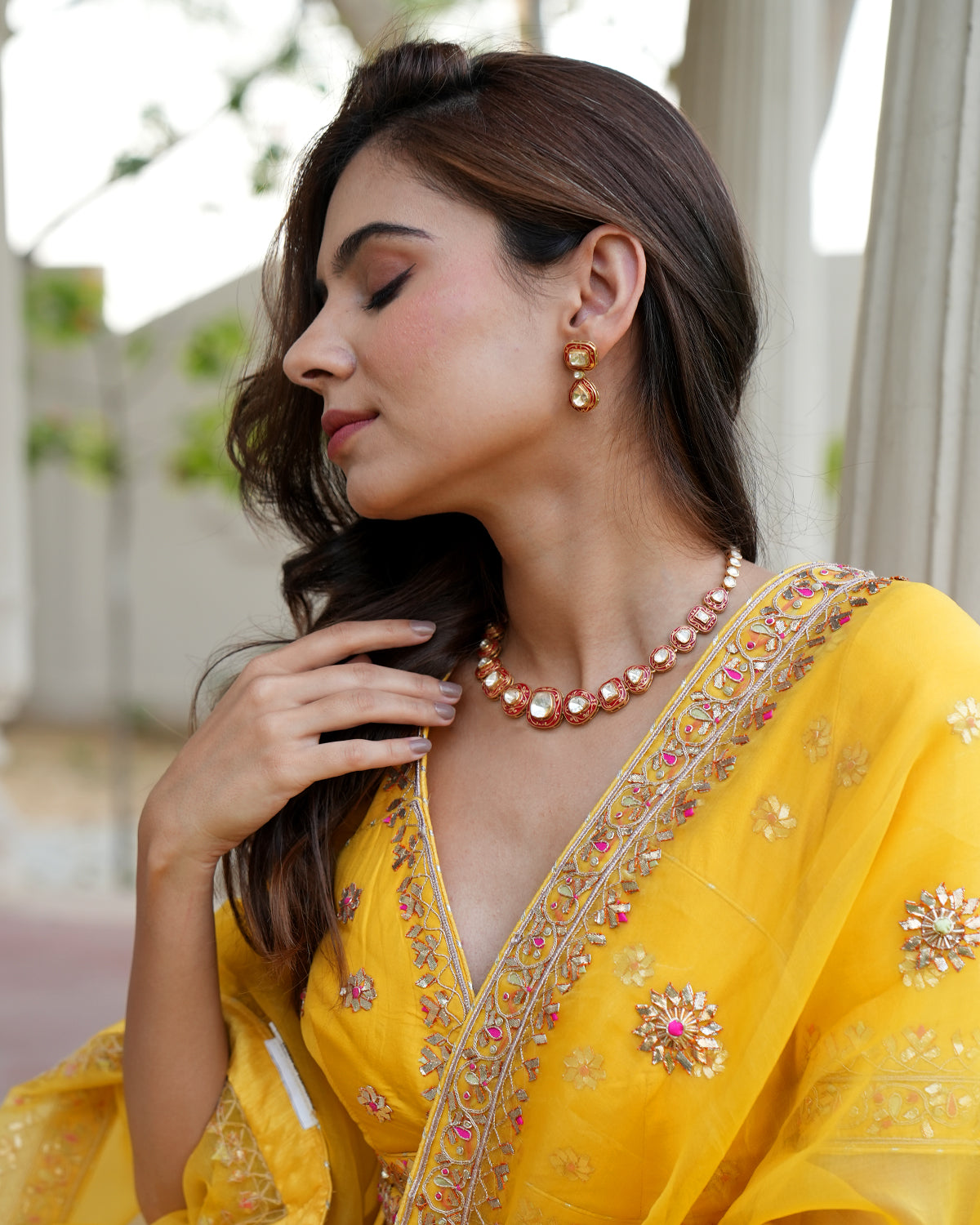 Polki Silver Necklace Set with Red Enamel