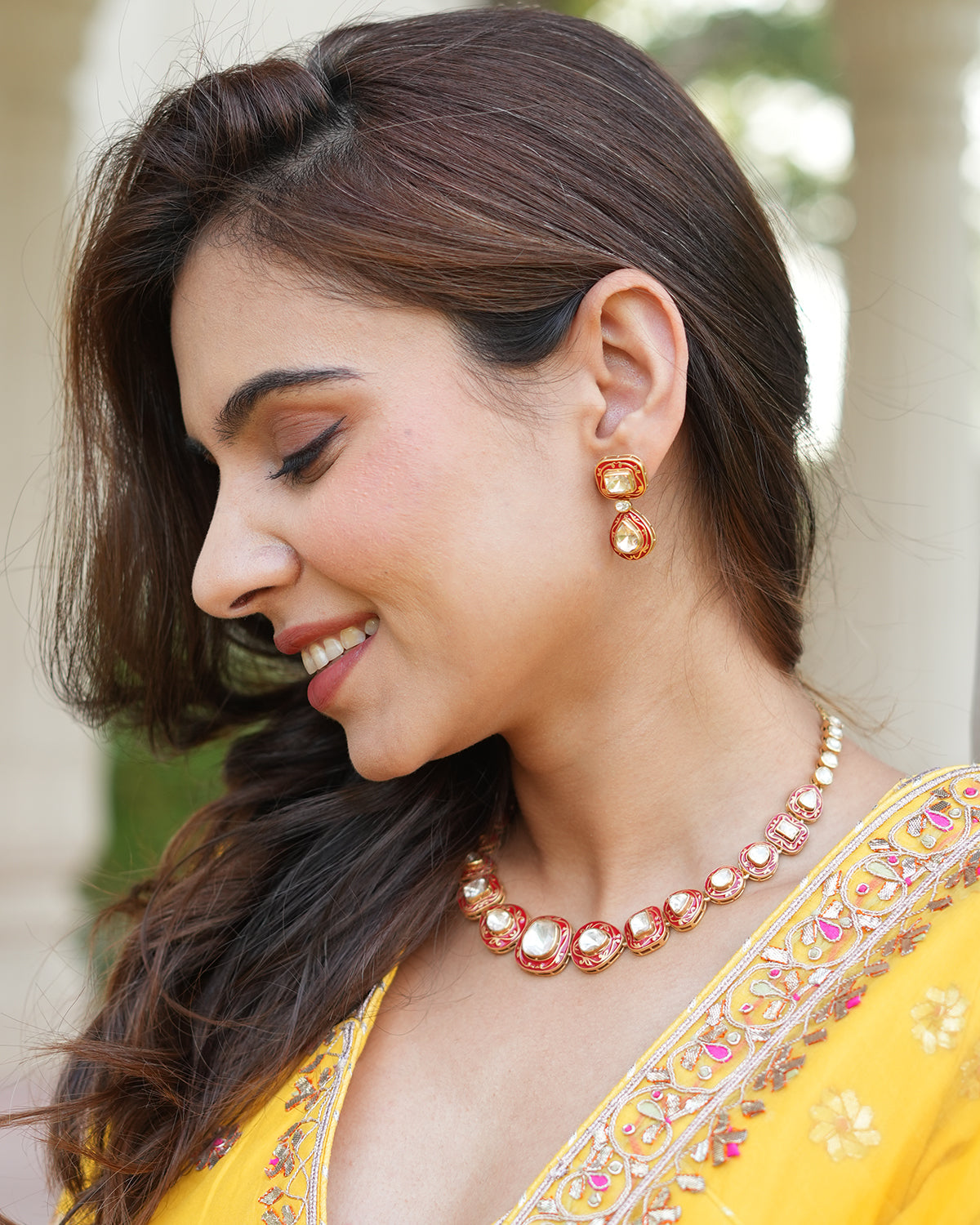 Polki Silver Necklace Set with Red Enamel