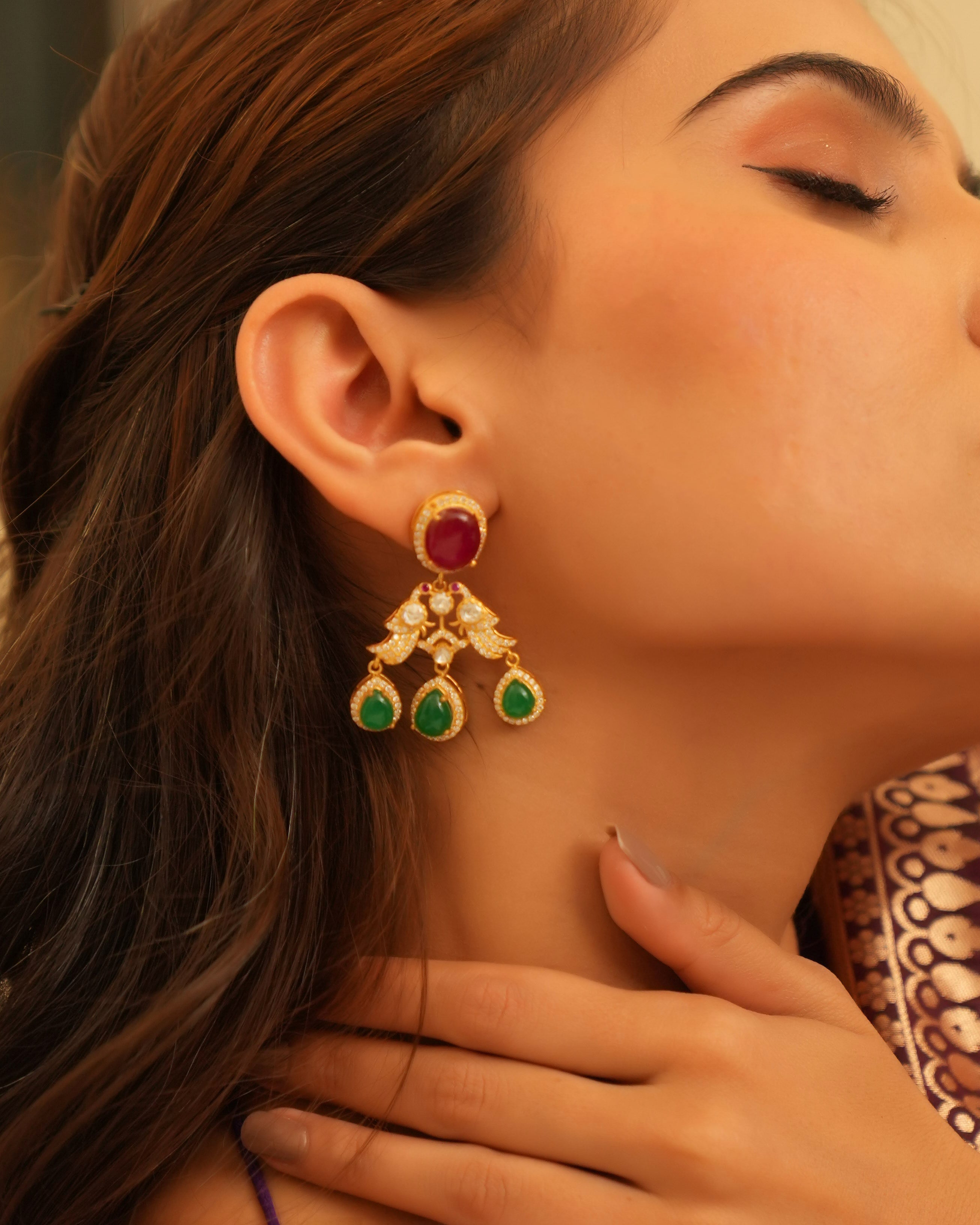 Exquisite Silver Pendant Set with Ruby, Emerald & Polki Stones