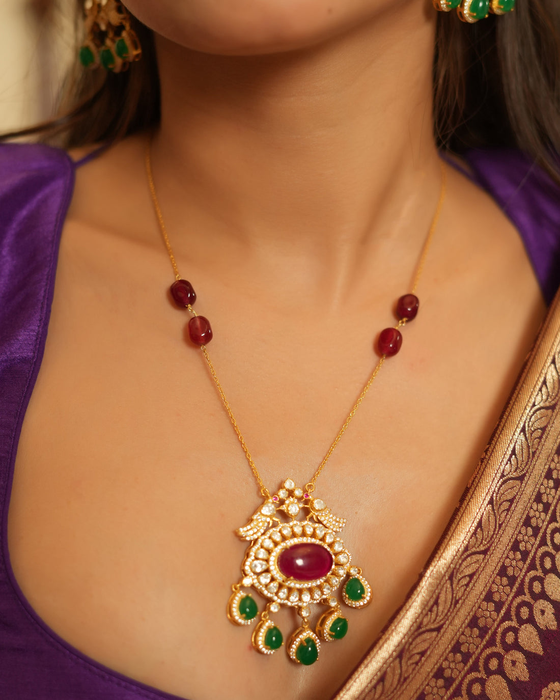 Exquisite Silver Pendant Set with Ruby, Emerald & Polki Stones