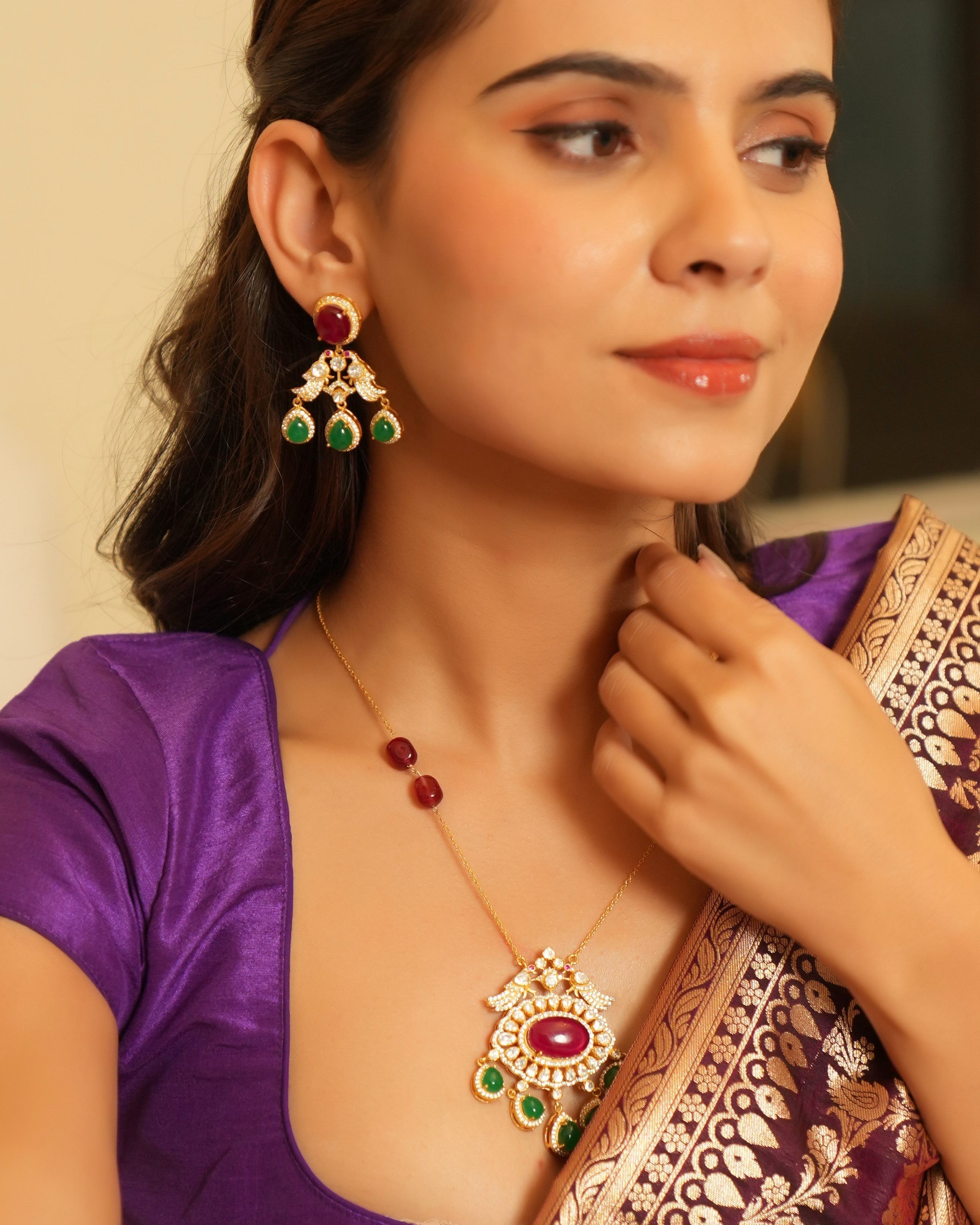 Exquisite Silver Pendant Set with Ruby, Emerald & Polki Stones