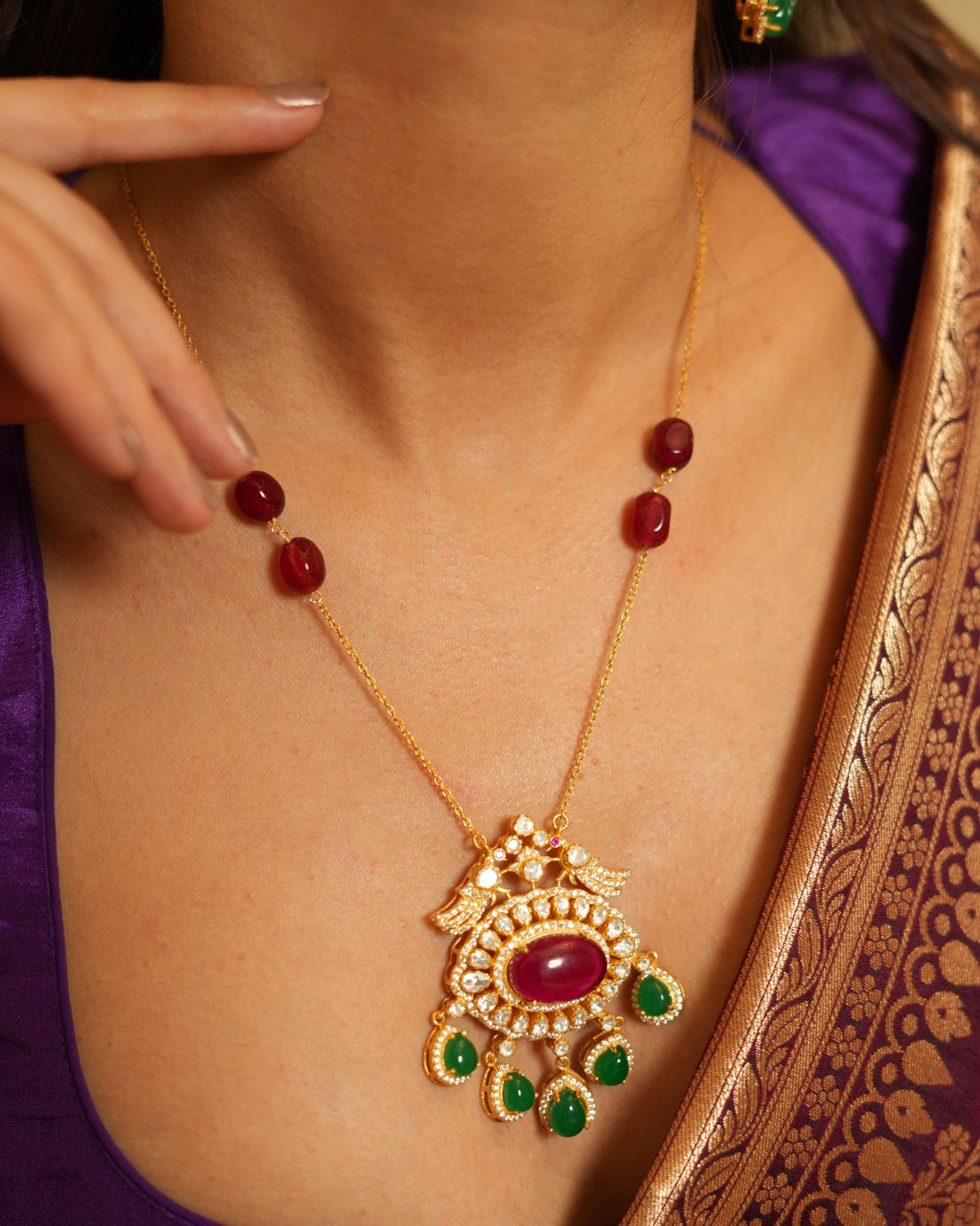 Exquisite Silver Pendant Set with Ruby, Emerald & Polki Stones
