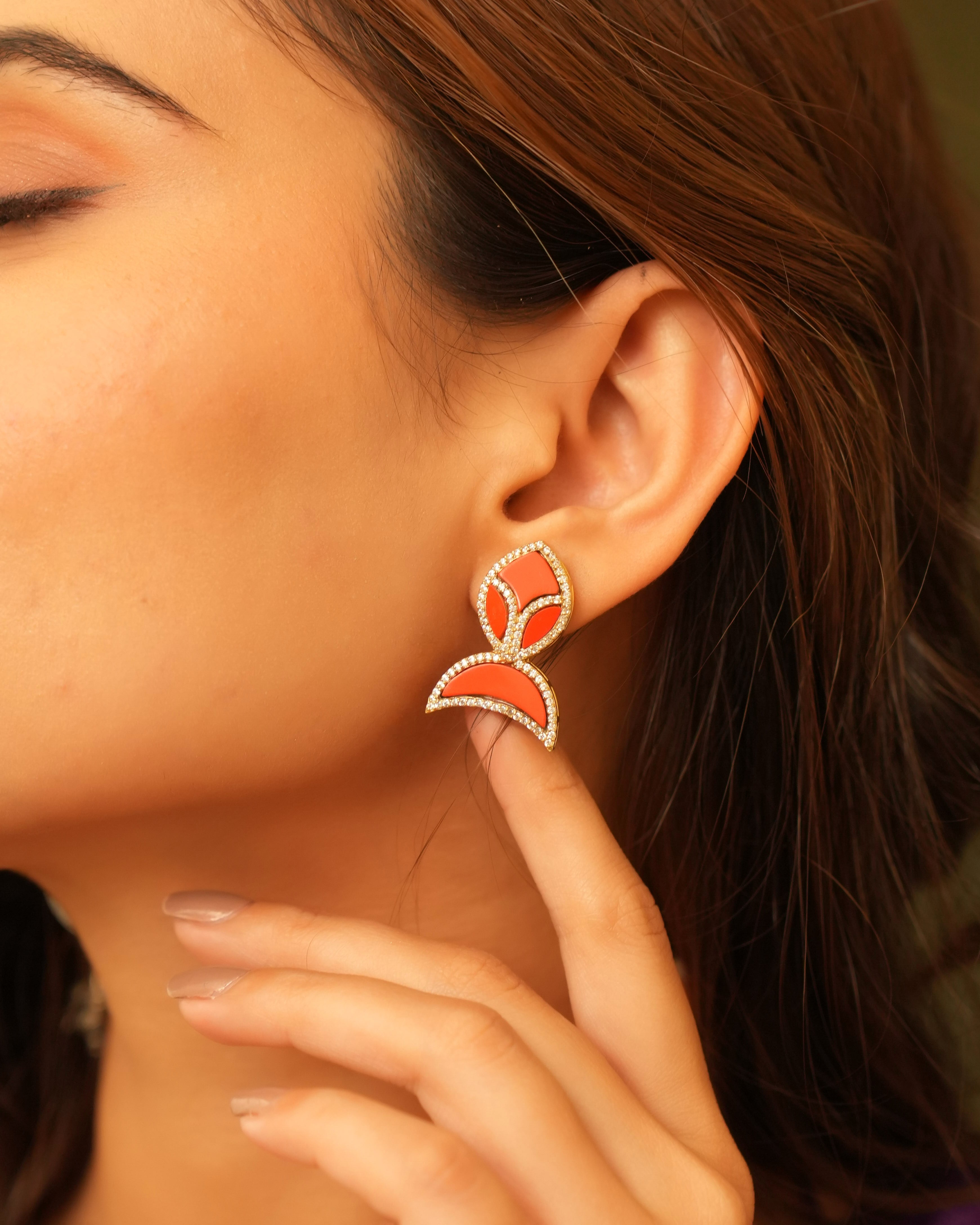 Aesthetic Red Stone Studs with Diamond