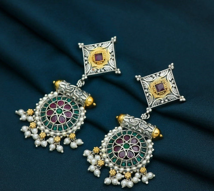 Silver Dual Tone Long Stone Earring